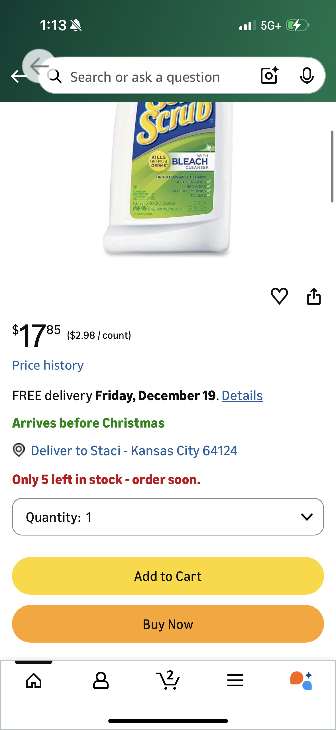 Dial Soft Scrub Disinfectant Cleanser With Bleach 36 oz. Bottle