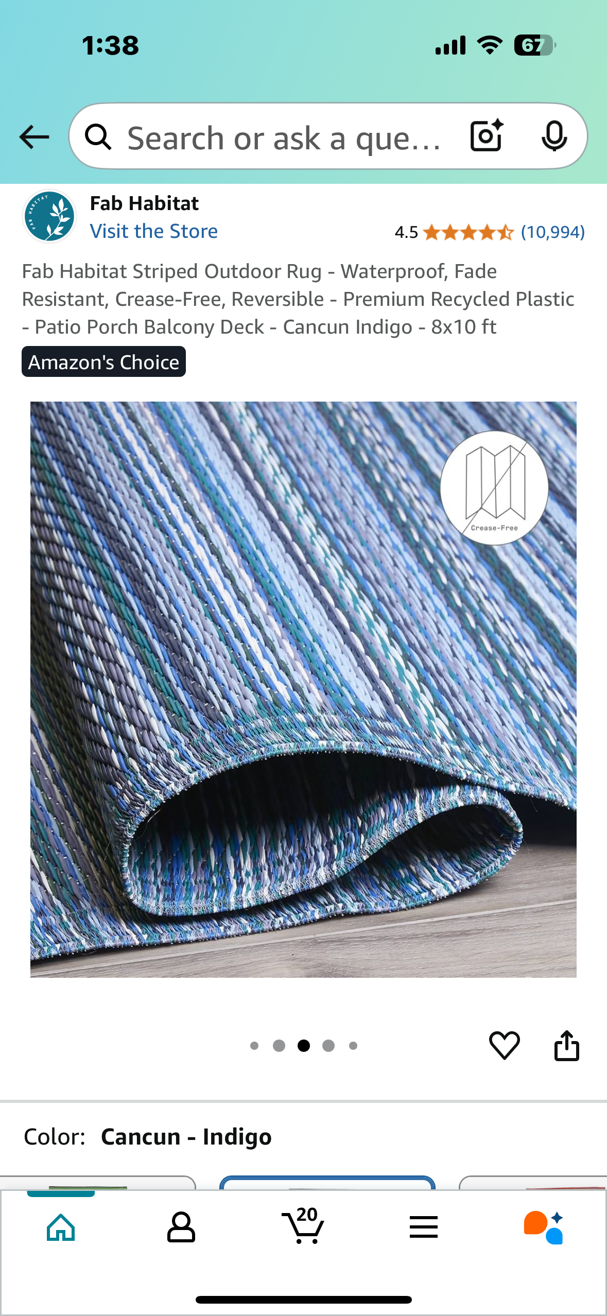 New - Fab Habitat Striped Outdoor Rug 8’x10’ Waterproof, Fade Resistant, Crease-Free, Reversible - Premium Recycled Plastic-Cancun Indigo (L880)