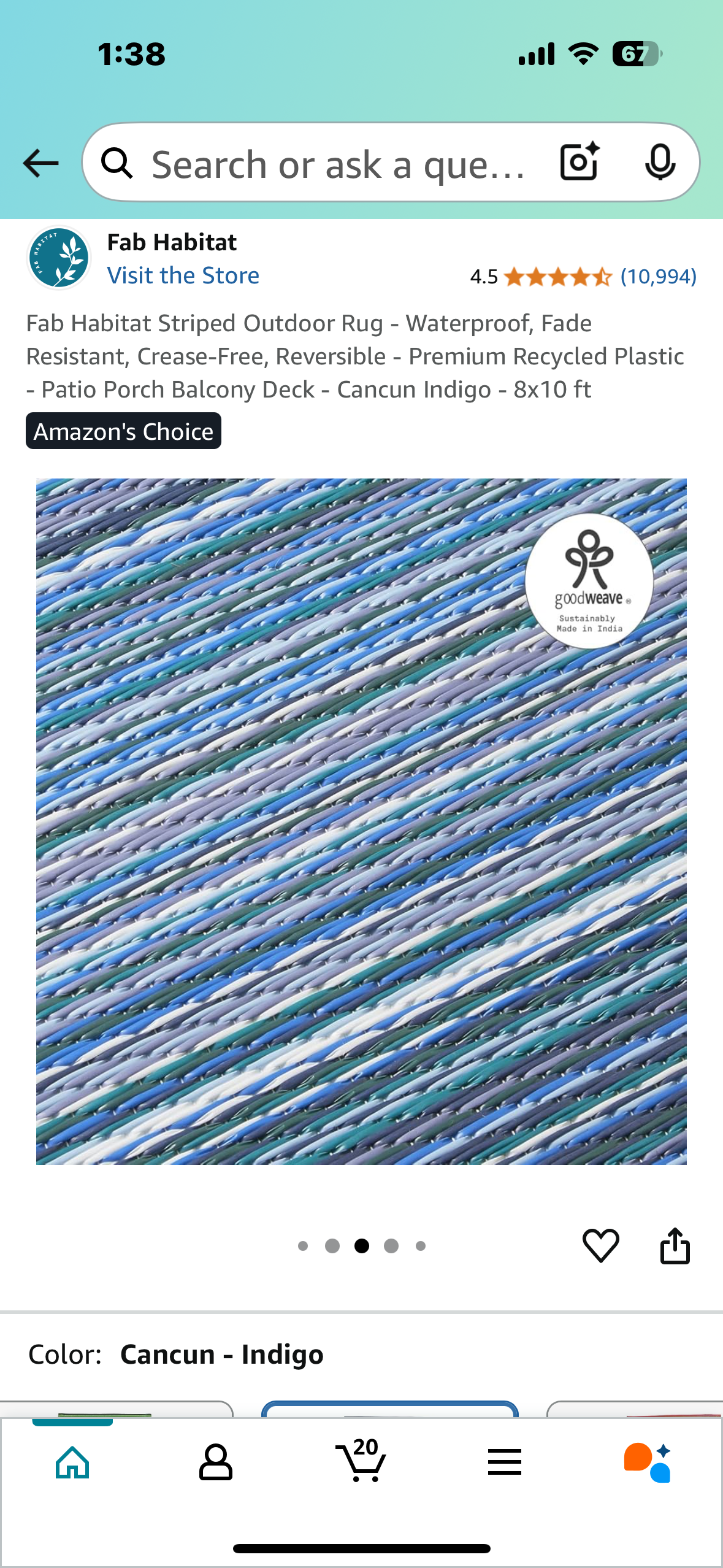 New - Fab Habitat Striped Outdoor Rug 8’x10’ Waterproof, Fade Resistant, Crease-Free, Reversible - Premium Recycled Plastic-Cancun Indigo (L880)