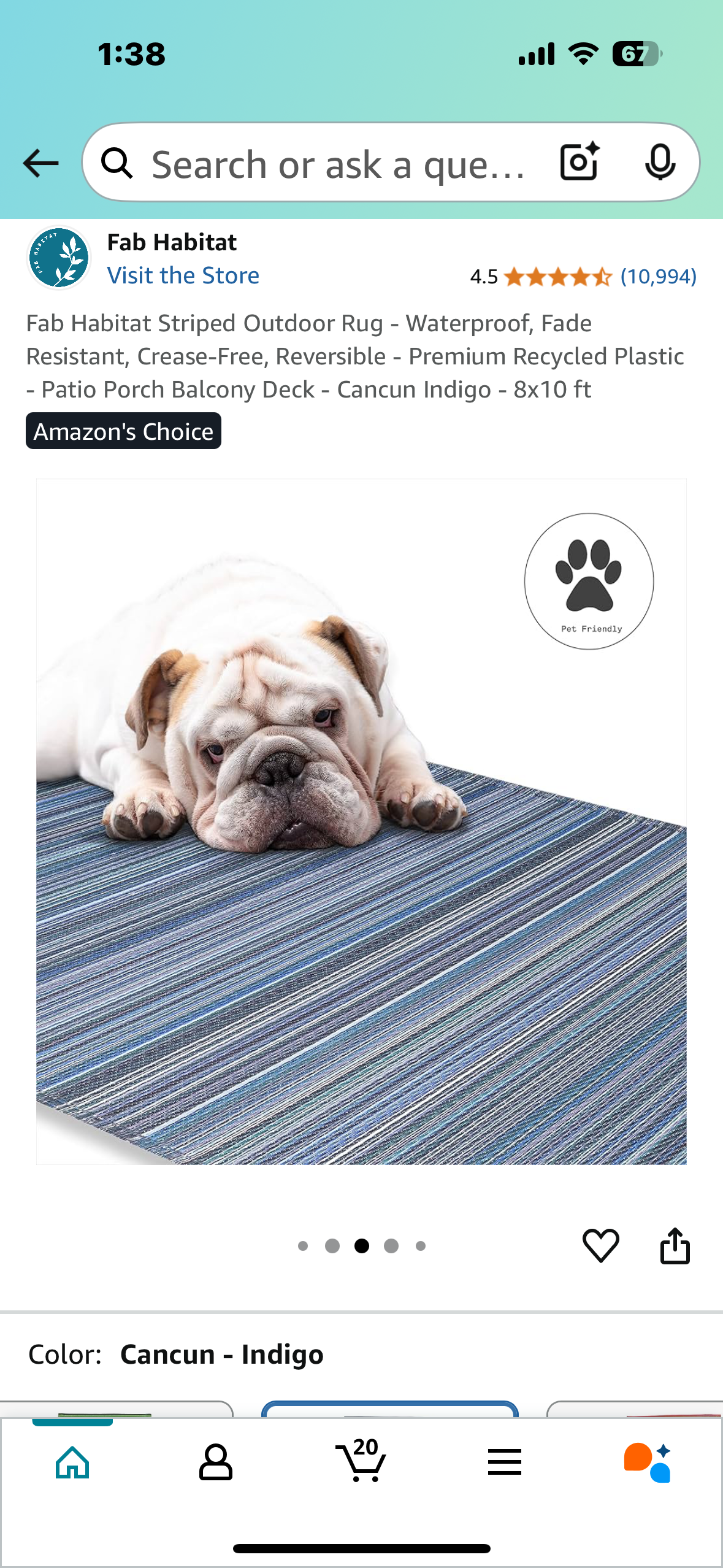 New - Fab Habitat Striped Outdoor Rug 8’x10’ Waterproof, Fade Resistant, Crease-Free, Reversible - Premium Recycled Plastic-Cancun Indigo (L880)