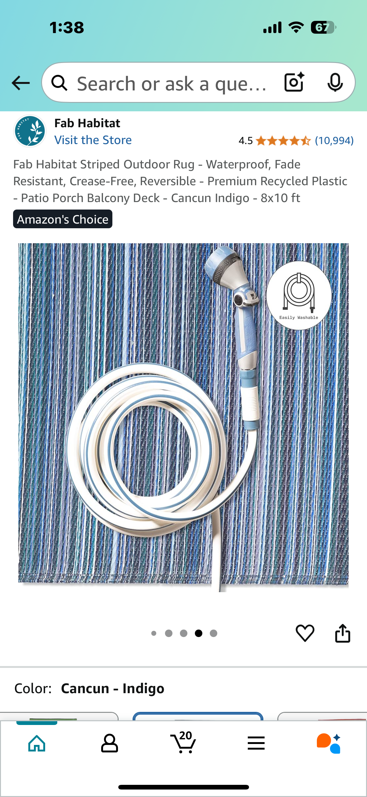 New - Fab Habitat Striped Outdoor Rug 8’x10’ Waterproof, Fade Resistant, Crease-Free, Reversible - Premium Recycled Plastic-Cancun Indigo (L880)
