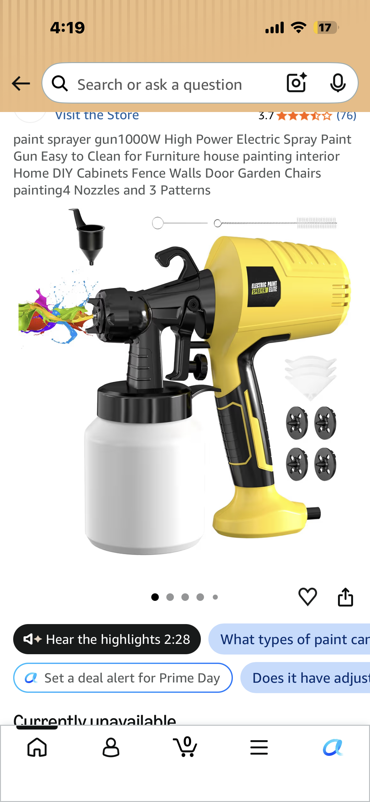 Paint Sprayer, 1000W High Power Electric Spray Gun, Easy to Clean for Furniture, house painting, Home DIY, Cabinets, Fence, Garden Chairs, 4 Nozzles and 3 Patterns