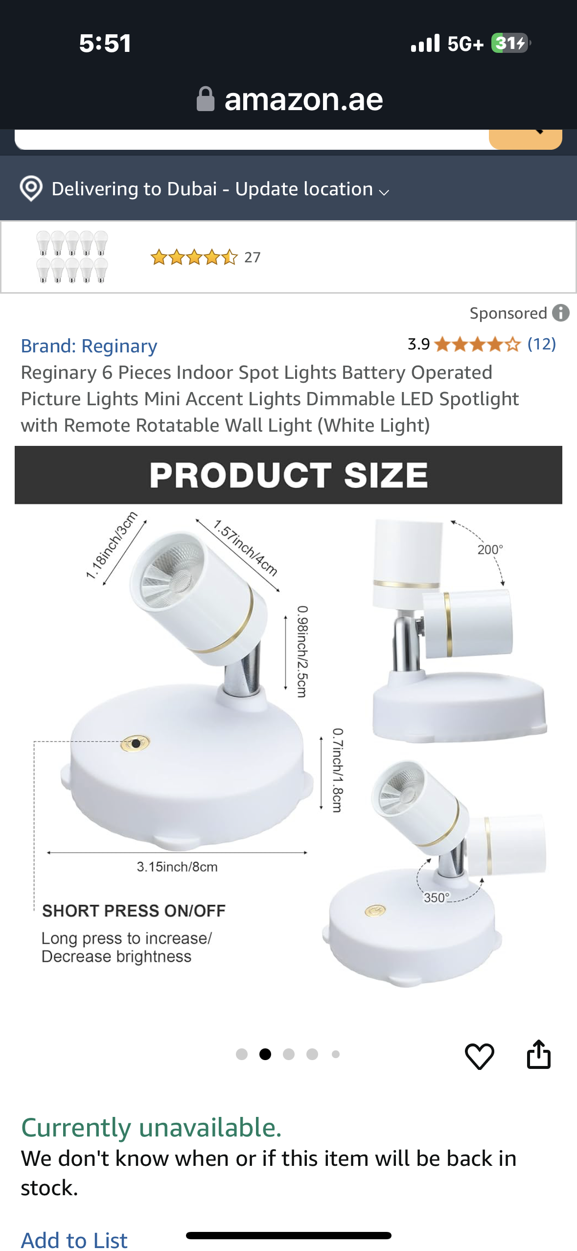 Reginary 6 Pieces Indoor Spot Lights Battery Operated Picture Lights Mini Accent Lights Dimmable LED Spotlight with Remote Rotatable Wall Light (White Light)