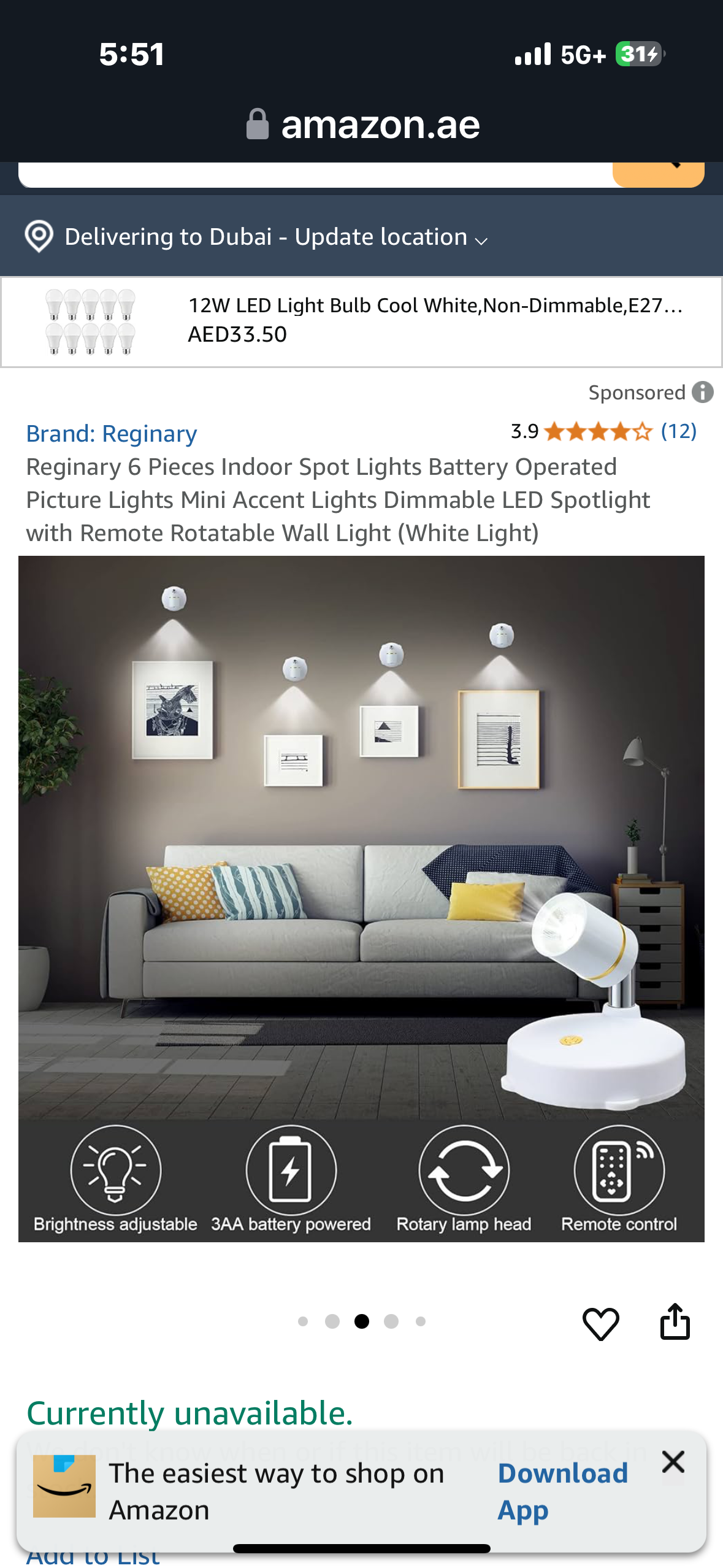 Reginary 6 Pieces Indoor Spot Lights Battery Operated Picture Lights Mini Accent Lights Dimmable LED Spotlight with Remote Rotatable Wall Light (White Light)