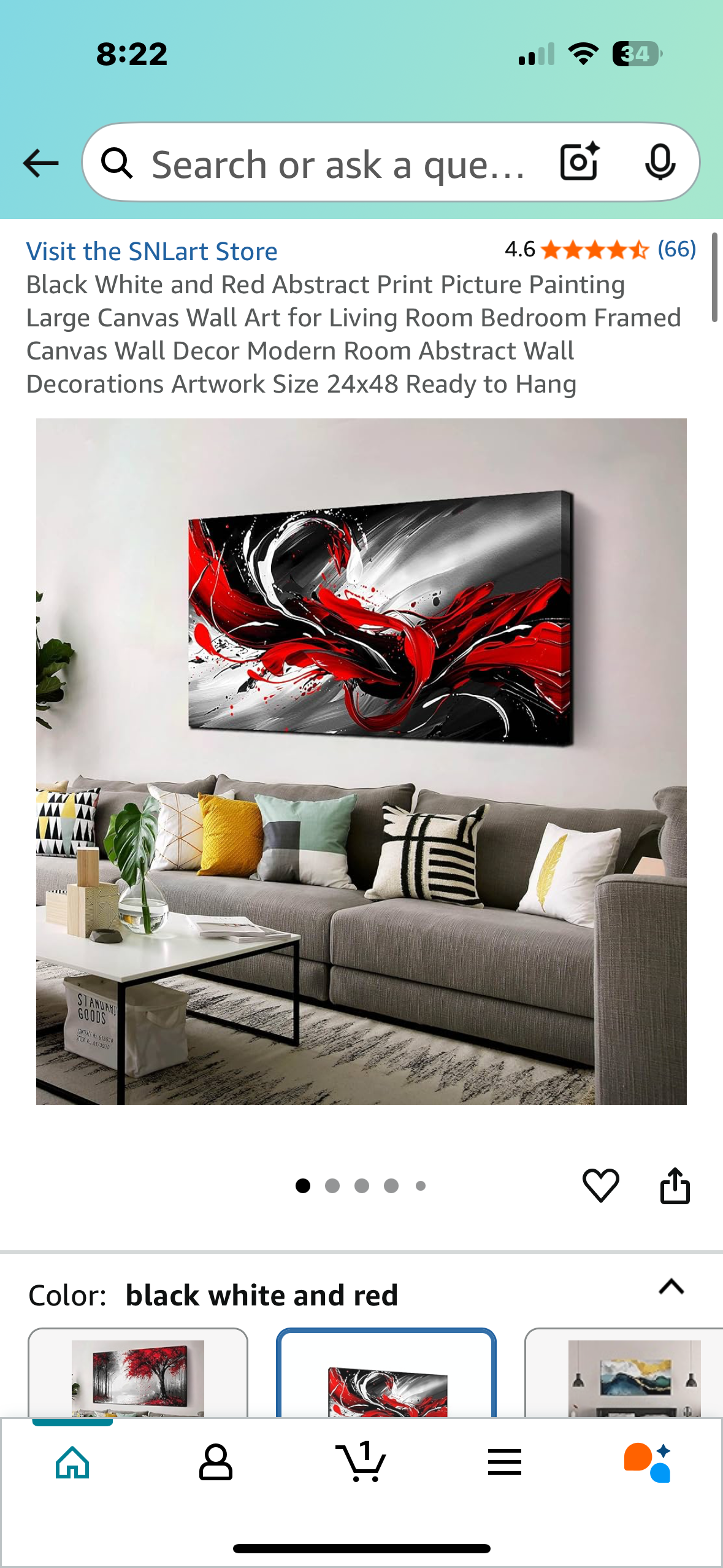 Black, White and Red Abstract Painting Canvas, Framed Canvas Wall Decor, Modern Abstract Wall Decoration 24x48, Ready to Hang (L988)