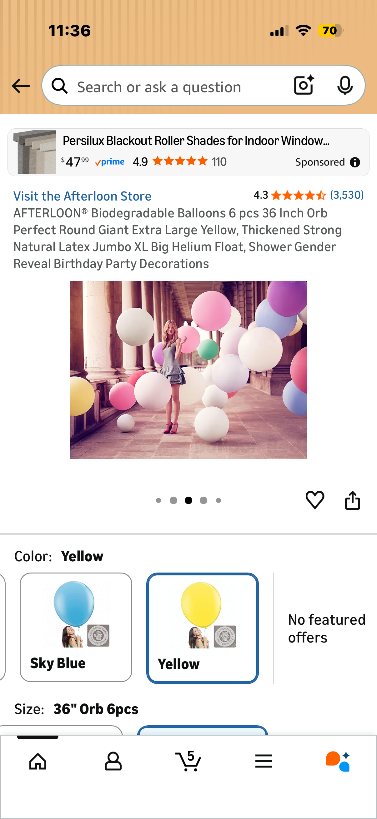 AFTERLOON® Biodegradable Balloons 6 pcs 36 Inch Orb Perfect Round Giant Extra Large Yellow, Thickened Strong Natural Latex Jumbo XL Big Helium Float, Shower Gender Reveal Birthday Party Decorations