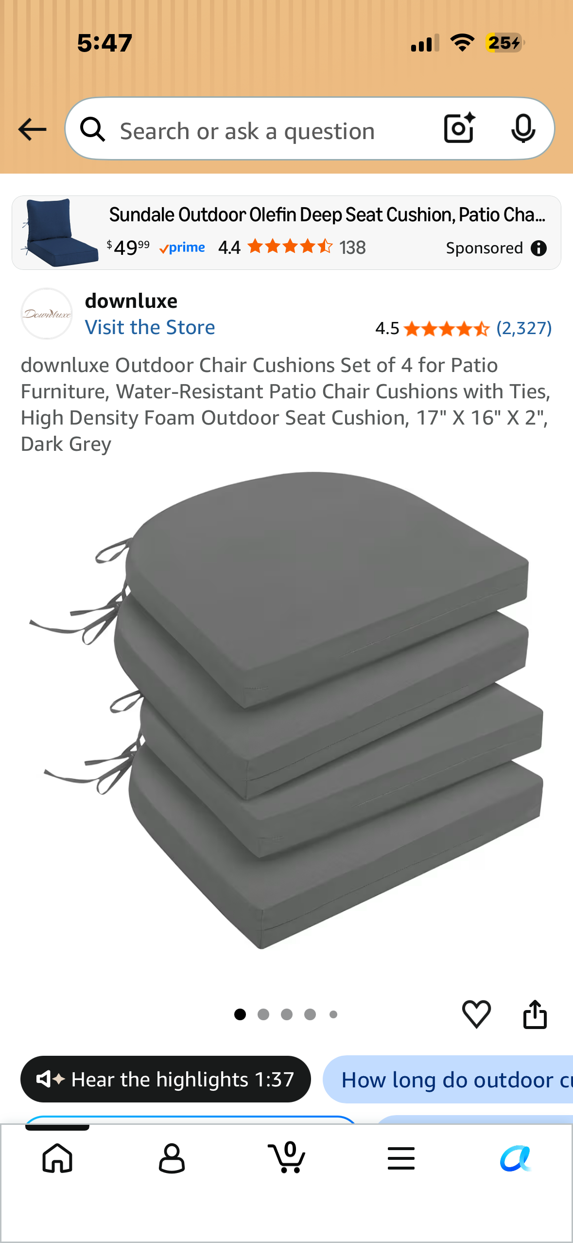 Outdoor Chair Cushions, Set of 4 for Patio Furniture, Water-Resistant Patio Chair Cushions with Ties, High Density Foam, Outdoor Seat Cushion, 17" X 16" X 2", Dark Grey