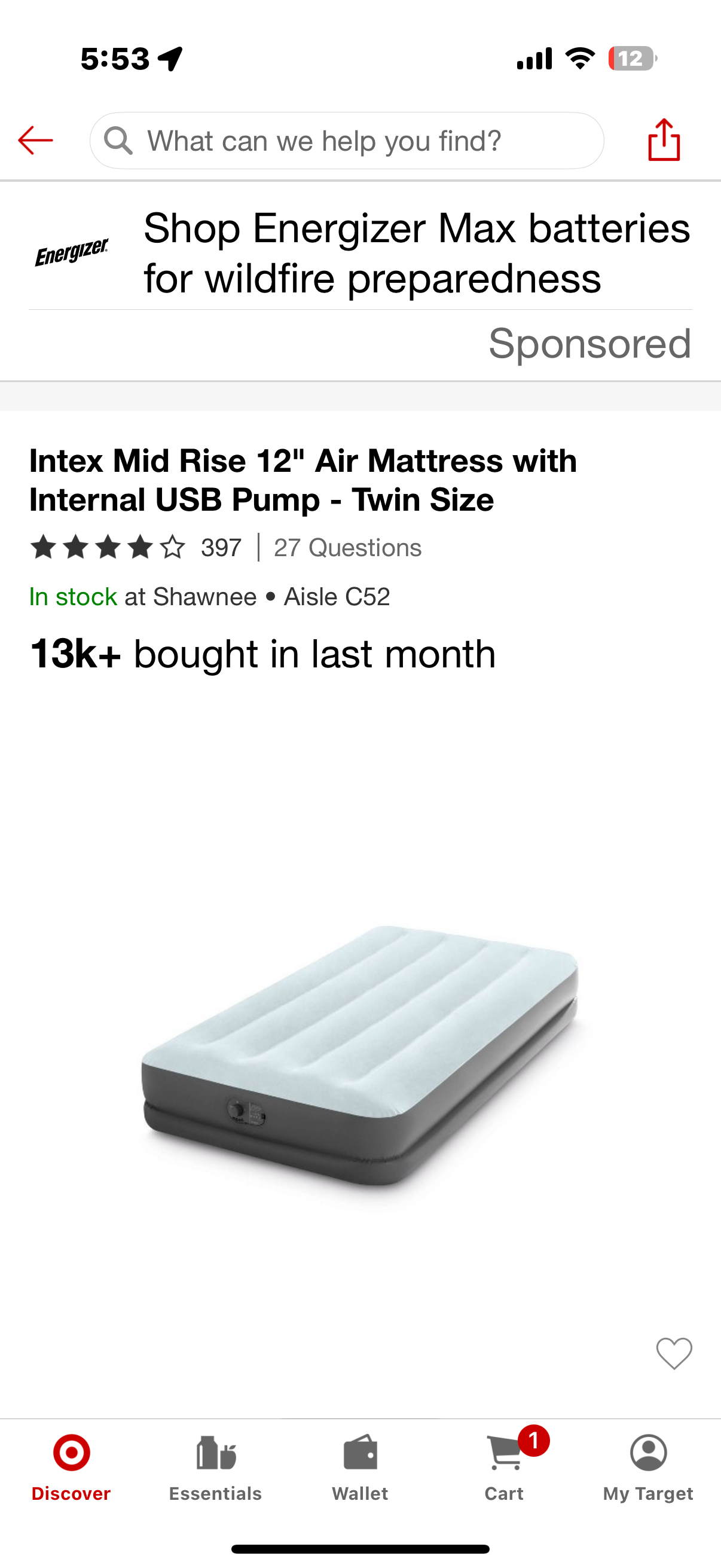 Intex Mid Rise 12" Air Mattress with Internal USB Pump - Twin Size