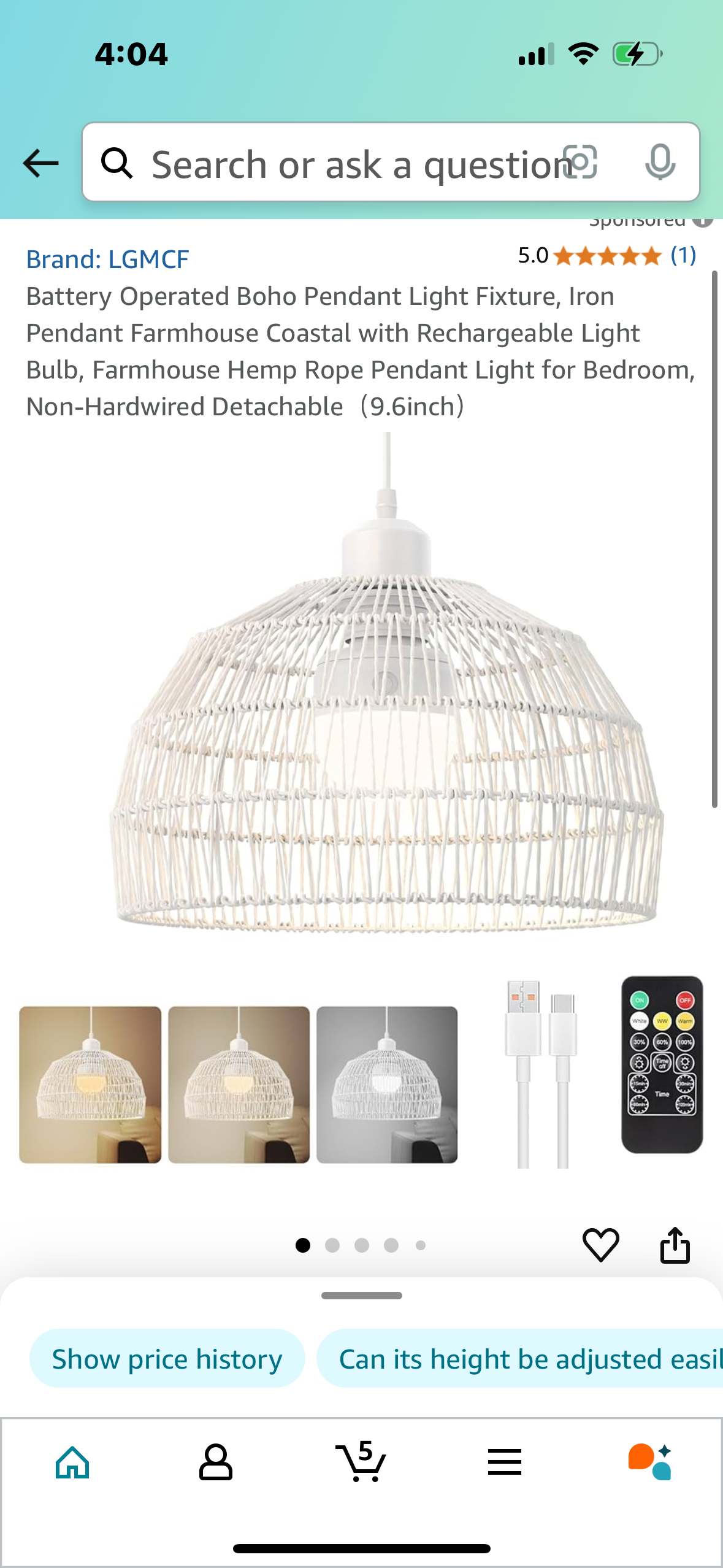 Battery Operated Boho Pendant Light Fixture, Iron Pendant Farmhouse Coastal with Rechargeable Light Bulb, Farmhouse Hemp Rope Pendant Light for Bedroom, Non-Hardwired Detachable(9.6inch