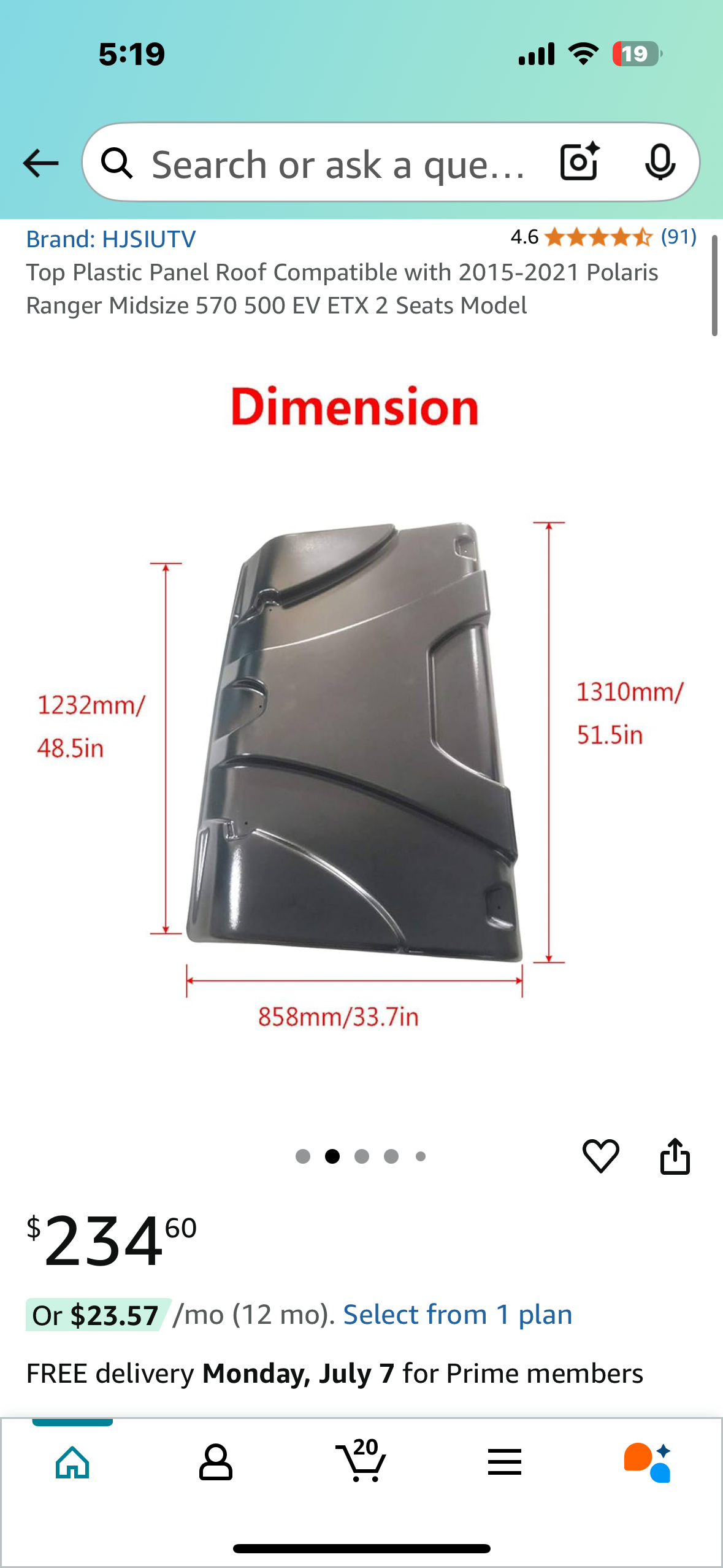New - Top Roof Panel Compatible with 2015-2021 PolarisRanger Midsize 570 500 EV ETX 2 Seats Model (G775)
