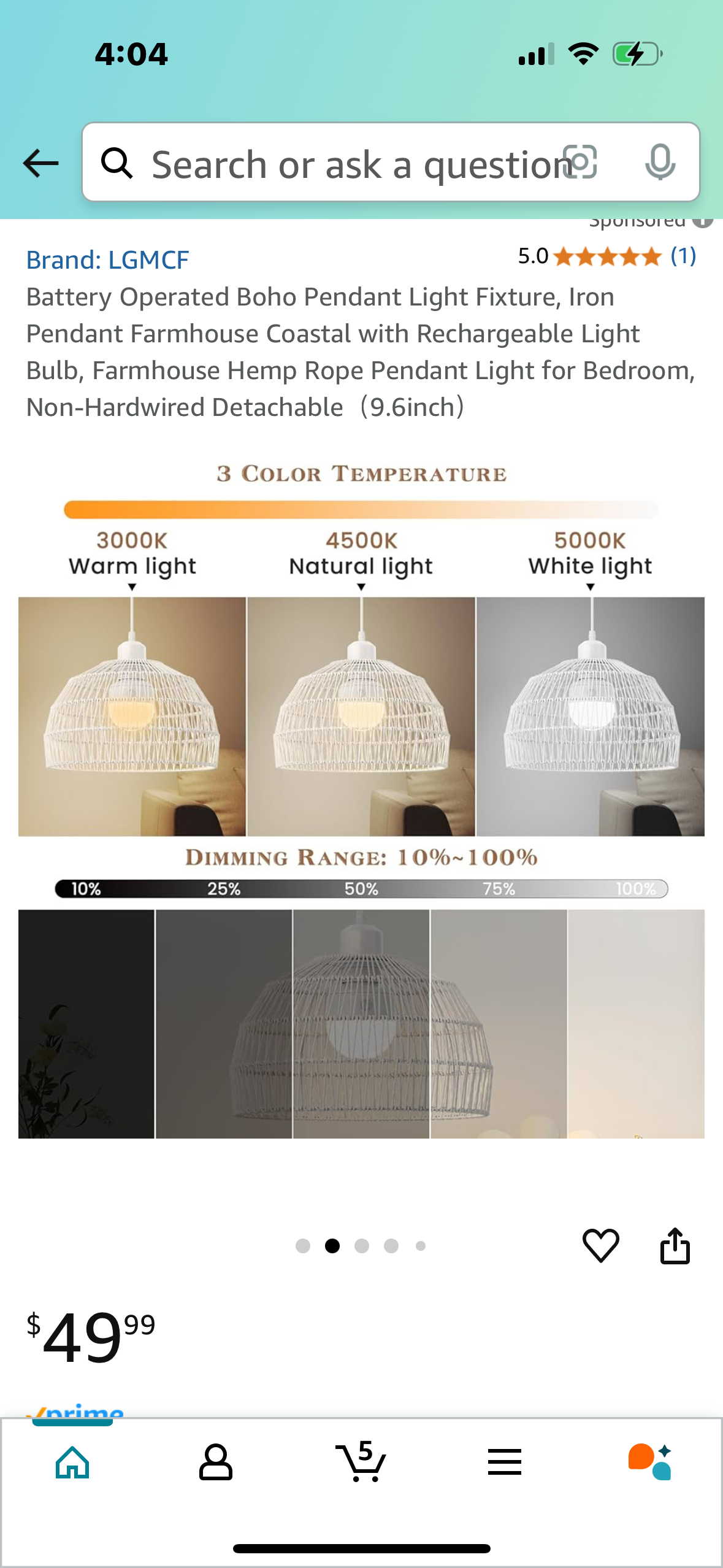 Battery Operated Boho Pendant Light Fixture, Iron Pendant Farmhouse Coastal with Rechargeable Light Bulb, Farmhouse Hemp Rope Pendant Light for Bedroom, Non-Hardwired Detachable(9.6inch