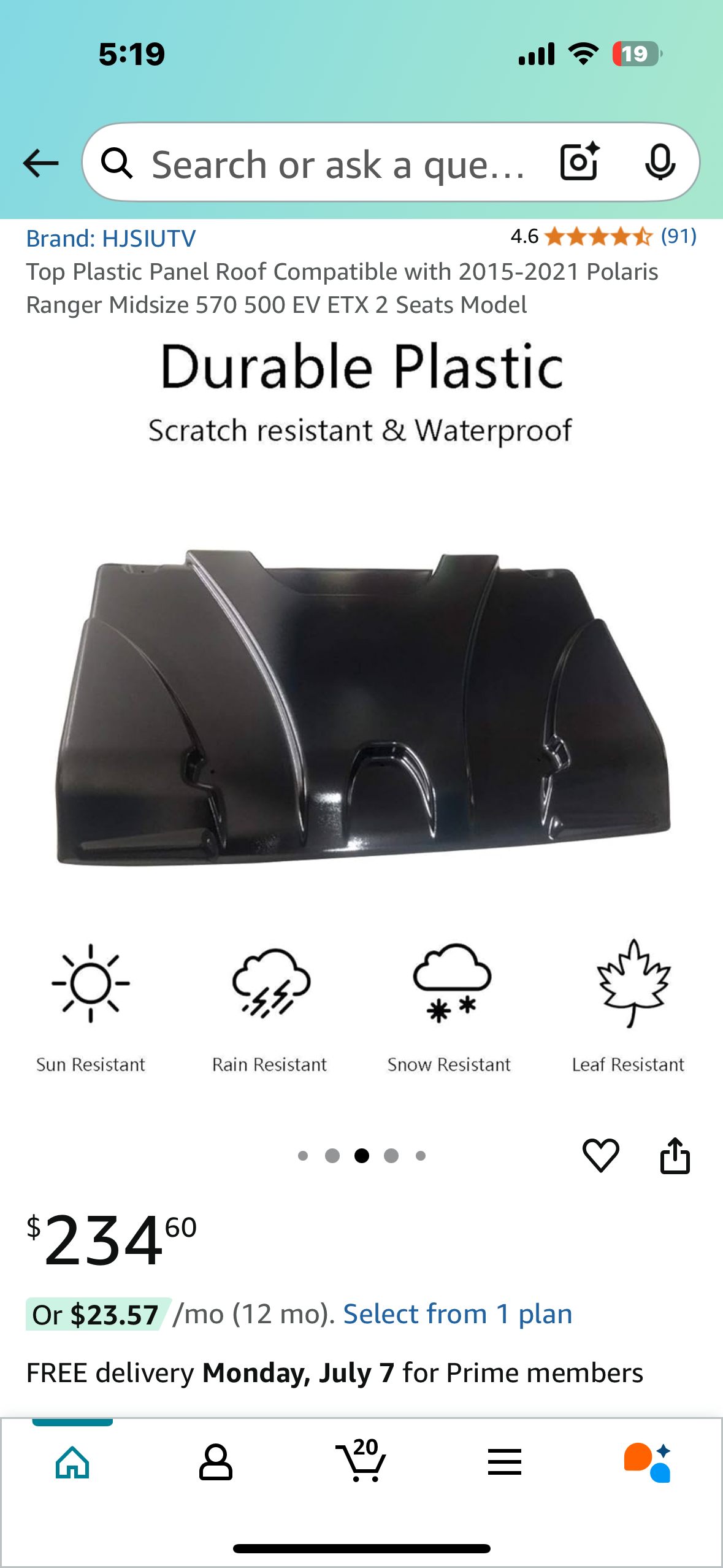 New - Top Roof Panel Compatible with 2015-2021 PolarisRanger Midsize 570 500 EV ETX 2 Seats Model (G775)