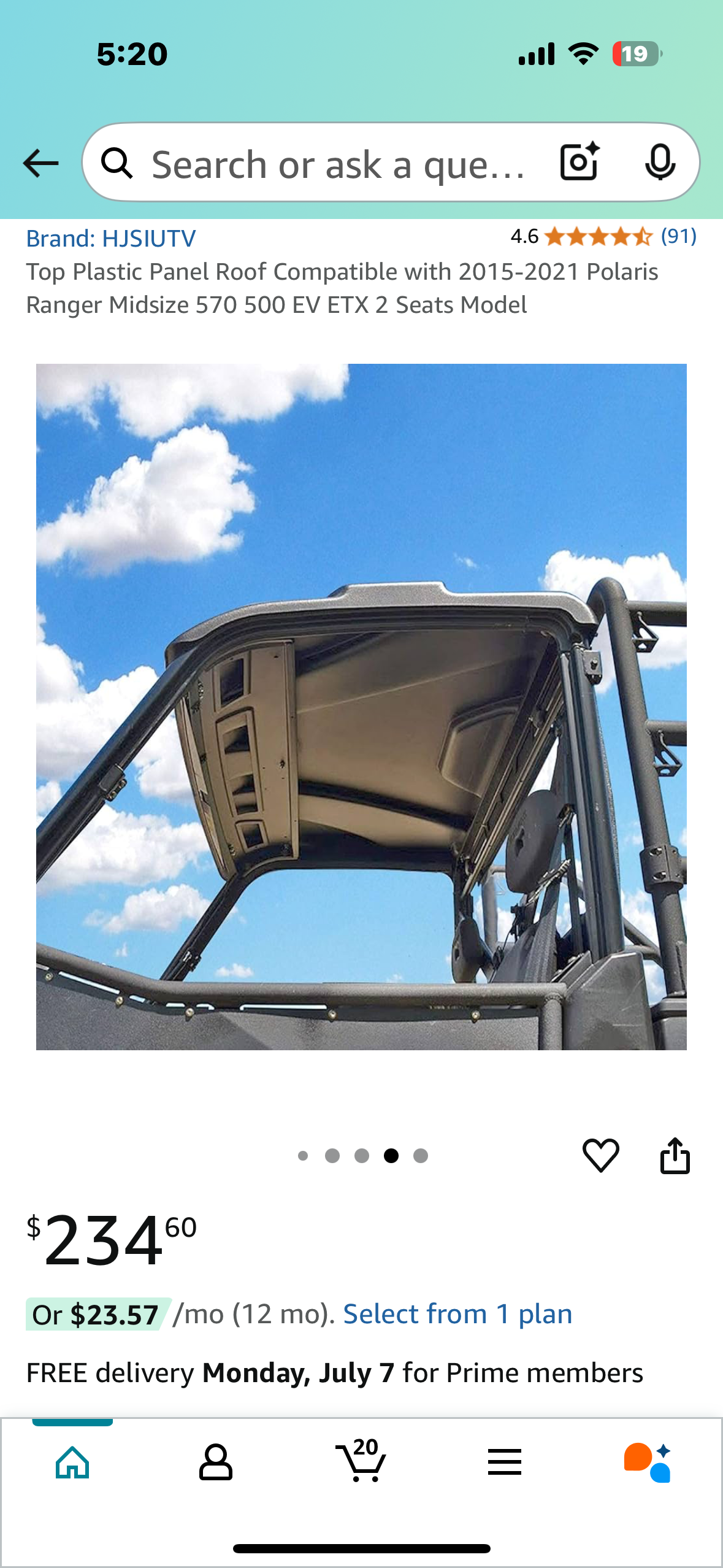 New - Top Roof Panel Compatible with 2015-2021 PolarisRanger Midsize 570 500 EV ETX 2 Seats Model (G775)