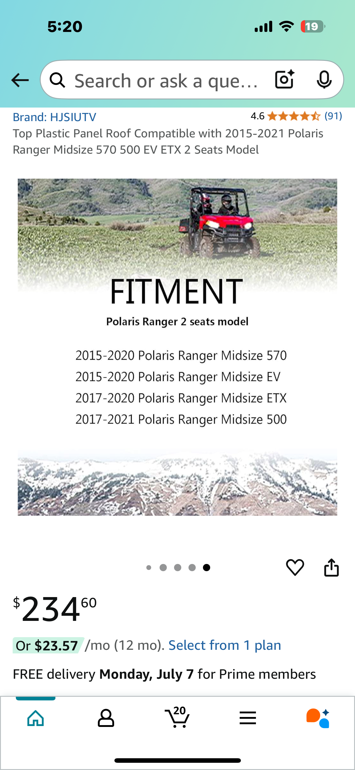 New - Top Roof Panel Compatible with 2015-2021 PolarisRanger Midsize 570 500 EV ETX 2 Seats Model (G775)