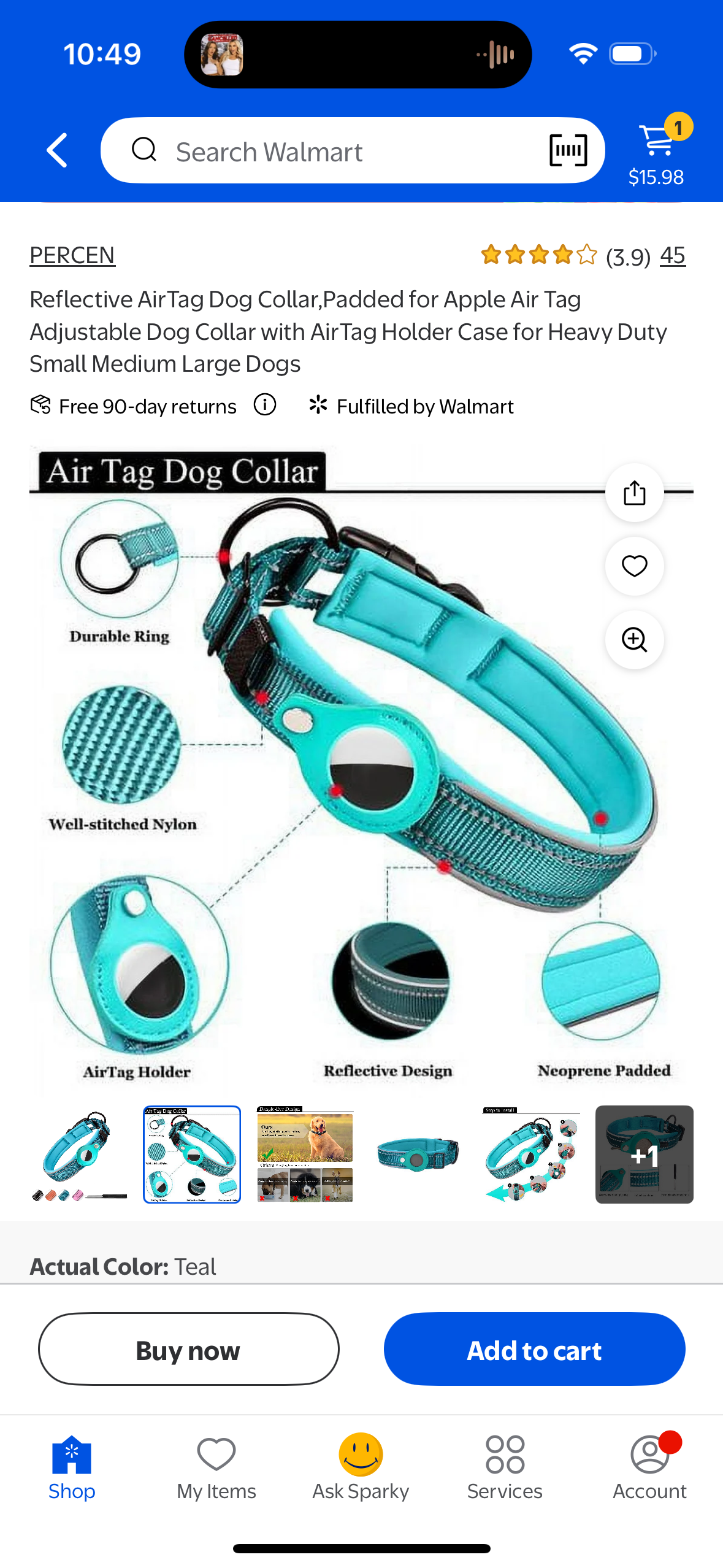 FEEYAR AirTag Dog Collar, Teal, Adjustable, Reflective, Apple AirTag Compatible, Heavy Duty Nylon Collar for Medium Dogs