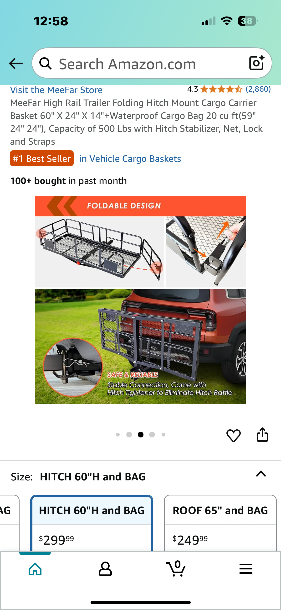 MeeFar High Rail Trailer Folding Hitch Mount Cargo Carrier Basket, 60" X 24" X 14", Waterproof Cargo Bag 20 cu ft(59" 24" 24"), Capacity of 500 Lbs with Hitch Stabilizer, Net, Lock and Straps (G844)