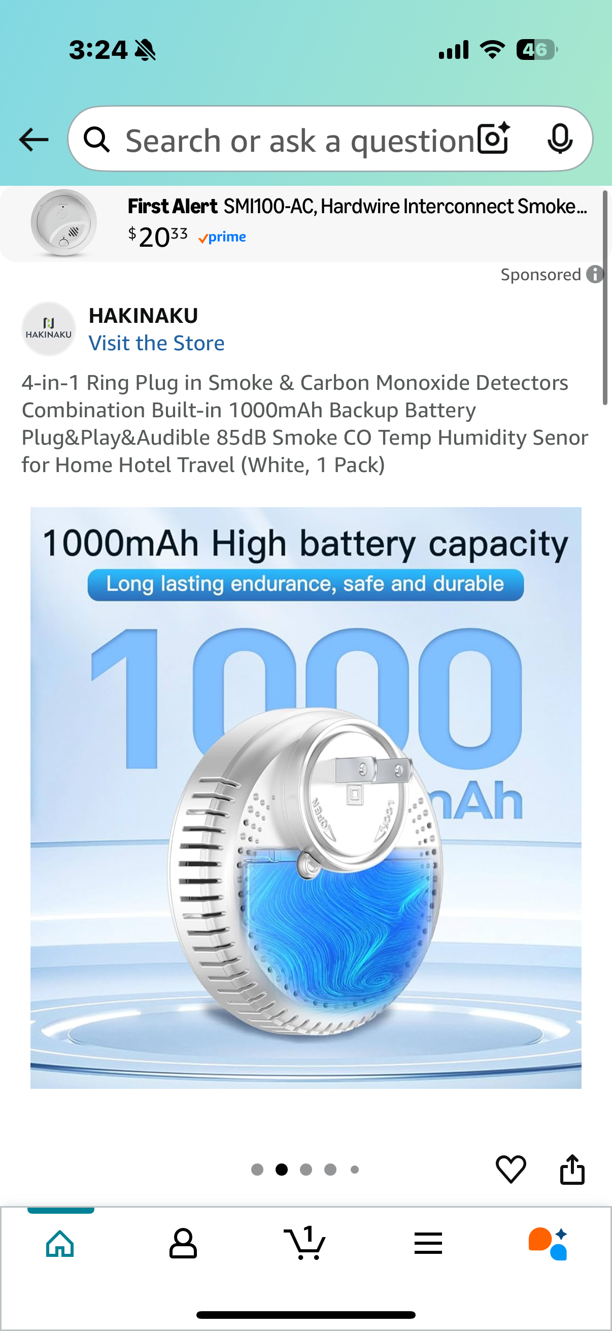 4-in-1 Ring Plug in Smoke & Carbon Monoxide Detectors Combination Built-in 1000mAh Backup Battery Plug&Play&Audible 85dB Smoke CO Temp Humidity Senor for Home Hotel Travel (White, 1 Pack