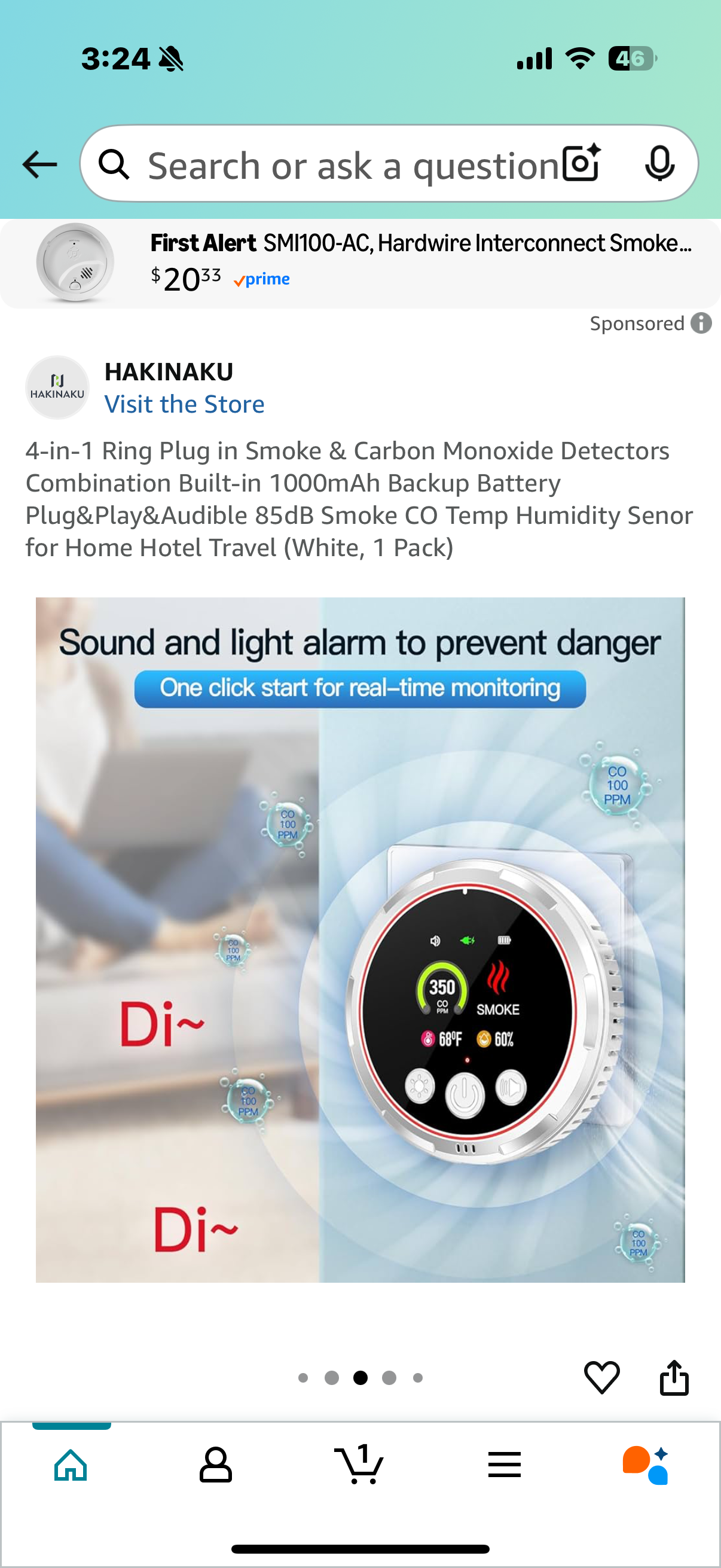 4-in-1 Ring Plug in Smoke & Carbon Monoxide Detectors Combination Built-in 1000mAh Backup Battery Plug&Play&Audible 85dB Smoke CO Temp Humidity Senor for Home Hotel Travel (White, 1 Pack