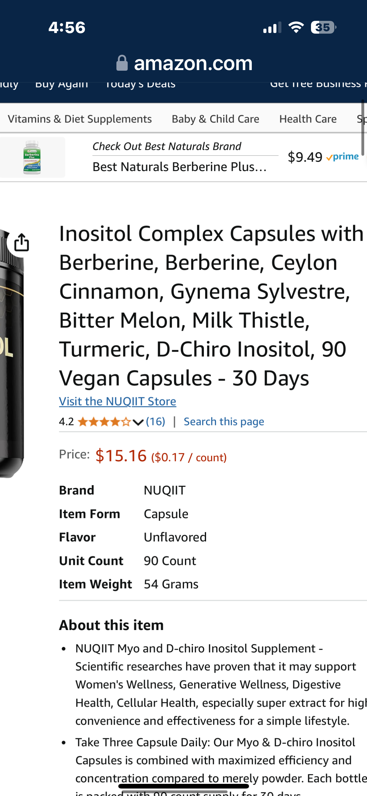 Inositol Complex Capsules with Berberine, Berberine, Ceylon Cinnamon, Gynema Sylvestre, Bitter Melon, Milk Thistle, Turmeric, D-Chiro Inositol, 90 Vegan Capsules - 30 Days