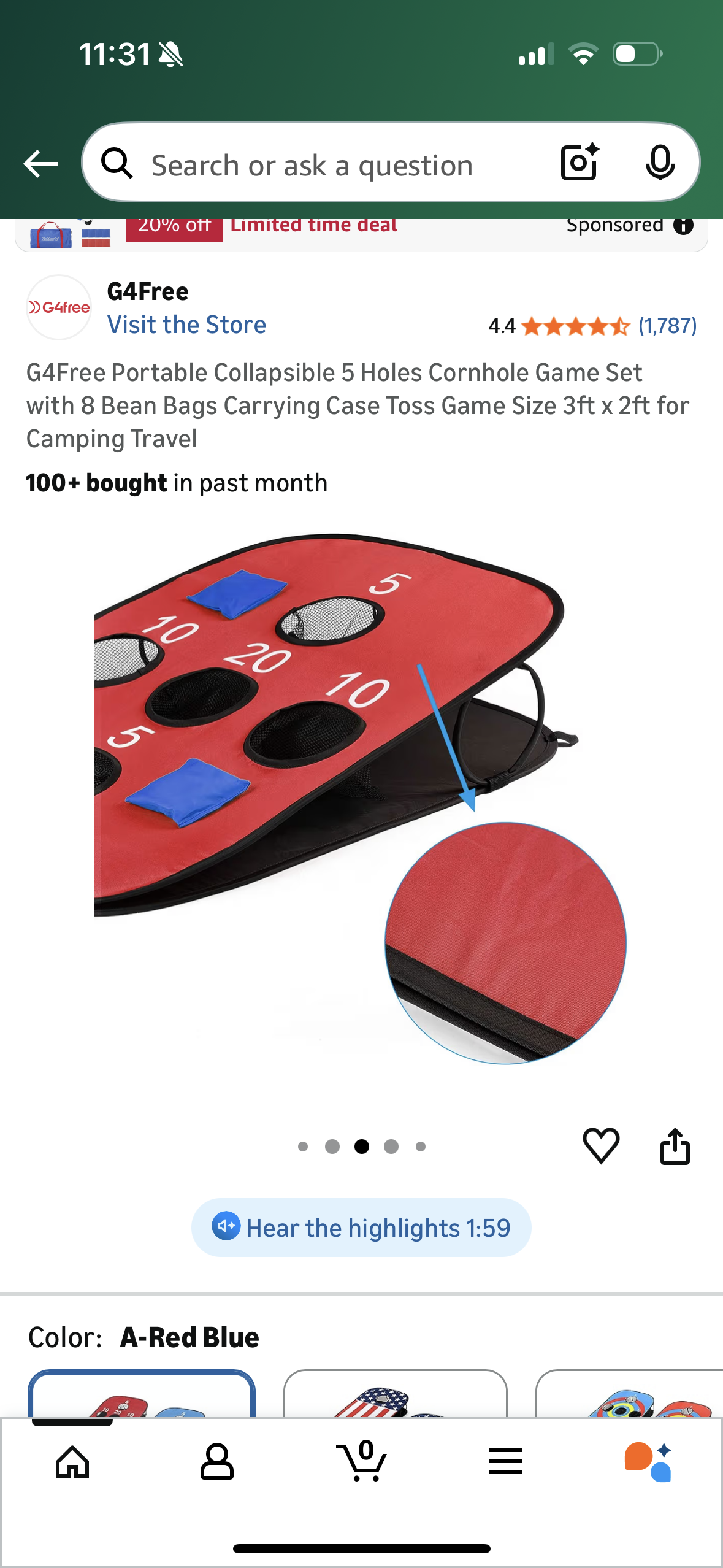 G4Free Portable Collapsible 5 Holes Cornhole Game Set with 8 Bean Bags Carrying Case Toss Game Size 3ft x 2ft for Camping Travel