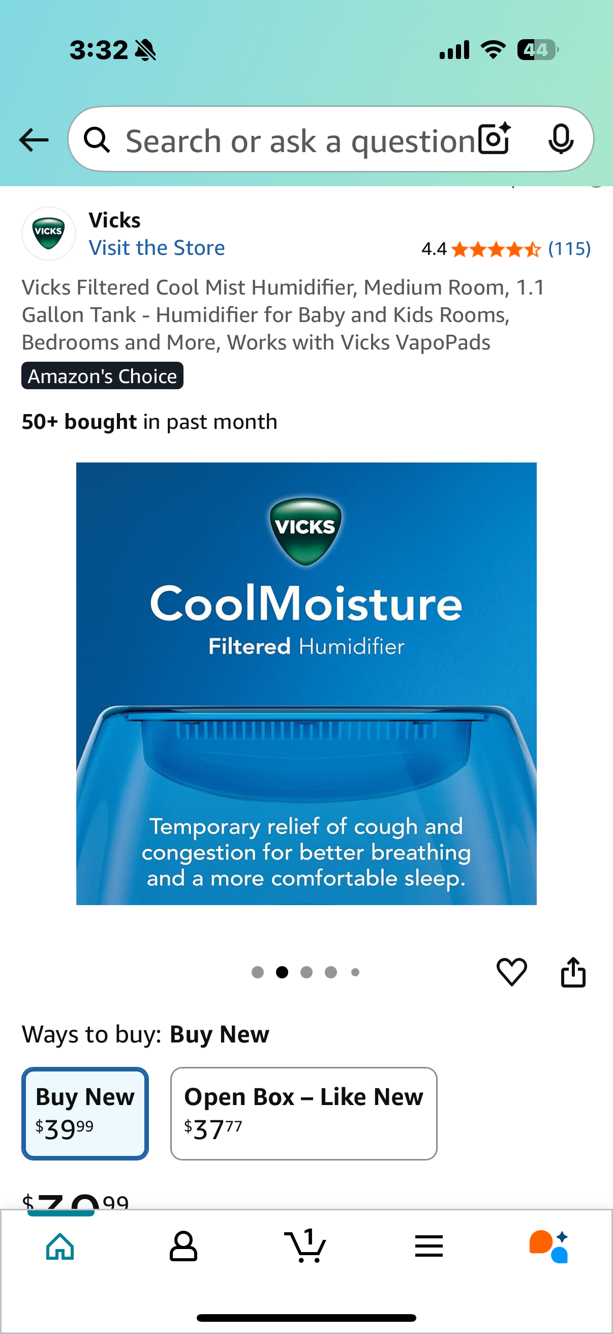 Vicks Filtered Cool Mist Humidifier, Medium Room, 1.1 Gallon Tank - Humidifier for Baby and Kids Rooms, Bedrooms and More, Works with Vicks VapoPads