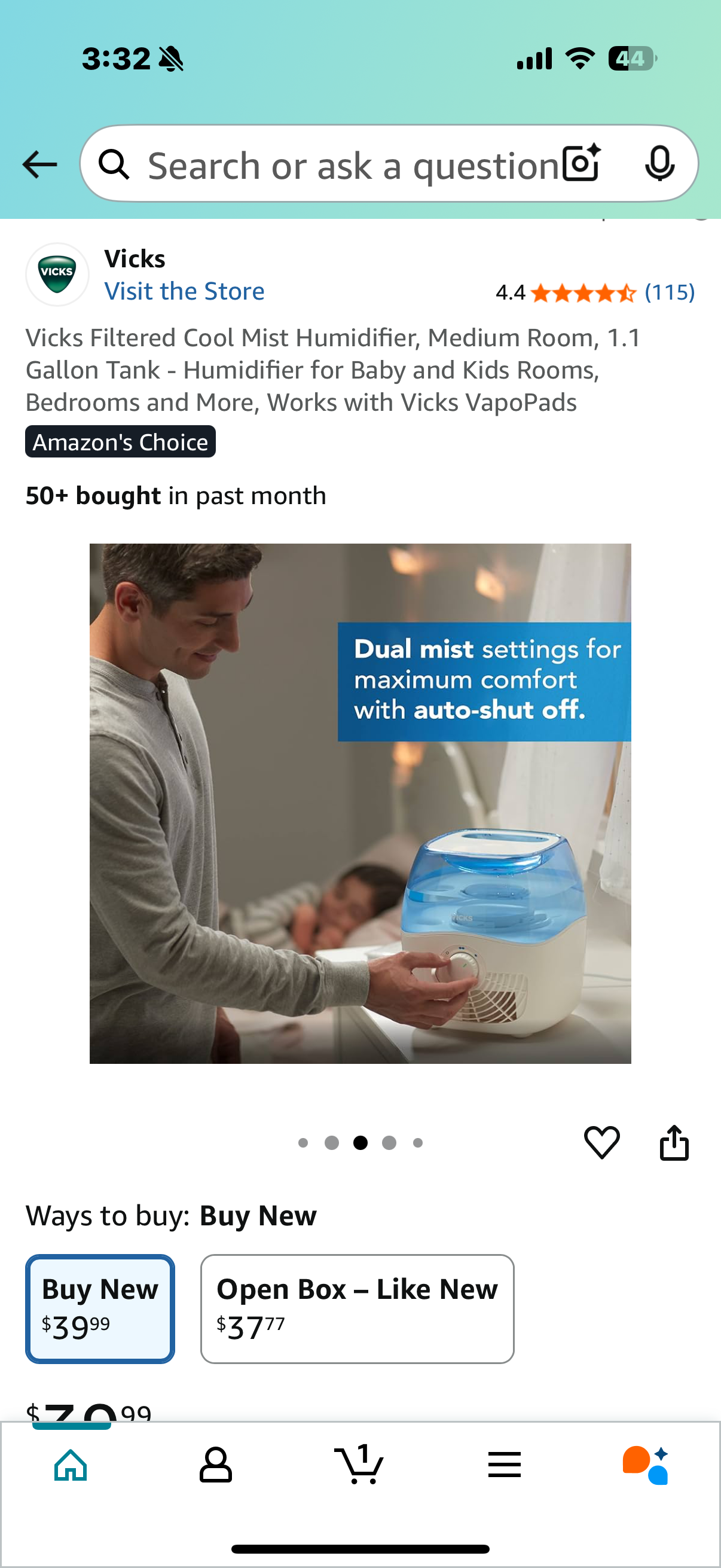 Vicks Filtered Cool Mist Humidifier, Medium Room, 1.1 Gallon Tank - Humidifier for Baby and Kids Rooms, Bedrooms and More, Works with Vicks VapoPads