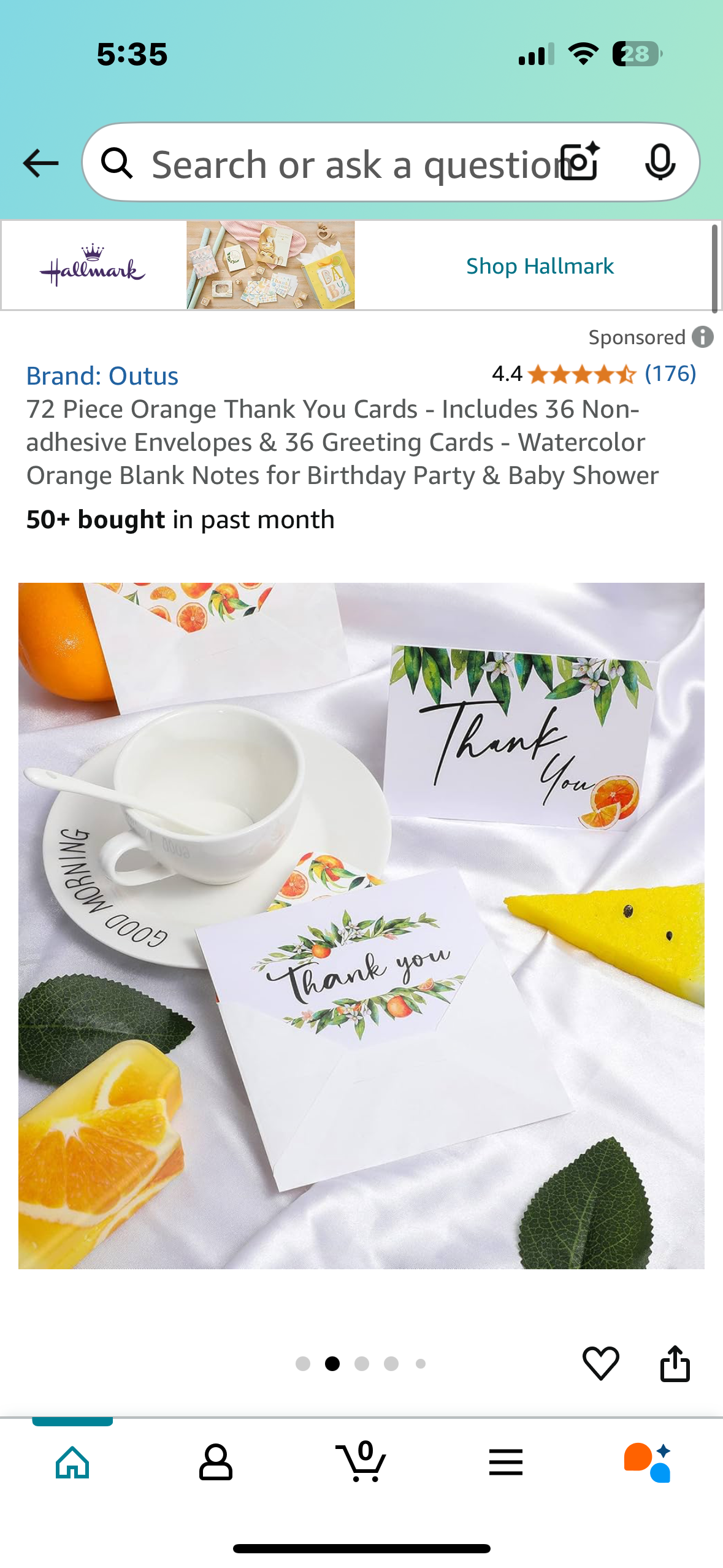72 Piece Orange Thank You Cards - Includes 36 Non-adhesive Envelopes & 36 Greeting Cards