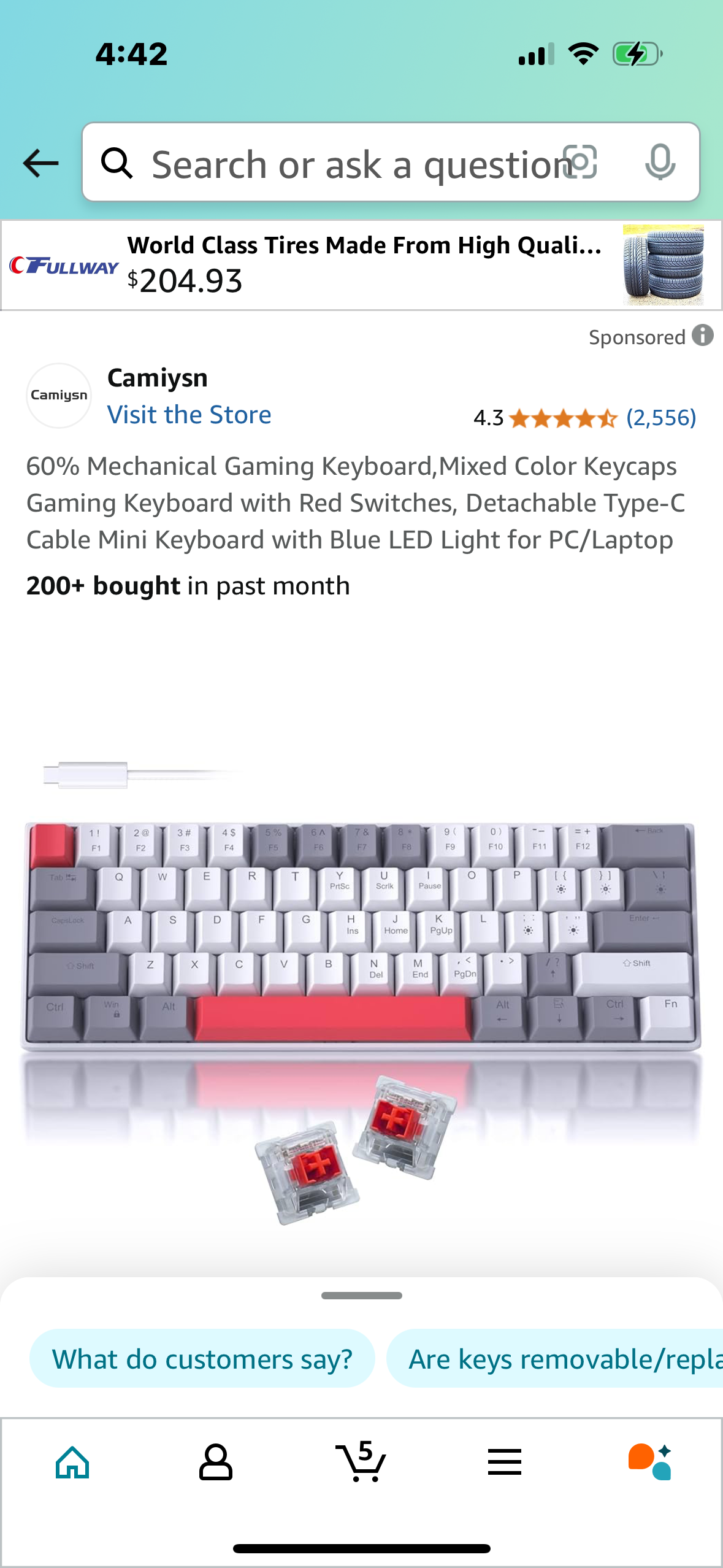 60% Mechanical Gaming Keyboard,Mixed Color Keycaps Gaming Keyboard with Red Switches, Detachable Type-C Cable Mini Keyboard with Blue LED Light for PC/Laptop