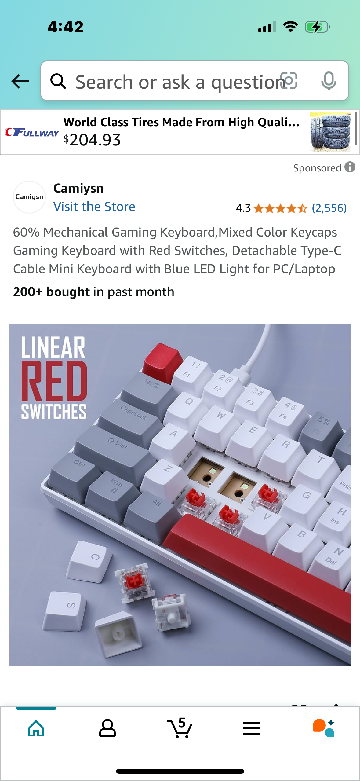 60% Mechanical Gaming Keyboard,Mixed Color Keycaps Gaming Keyboard with Red Switches, Detachable Type-C Cable Mini Keyboard with Blue LED Light for PC/Laptop