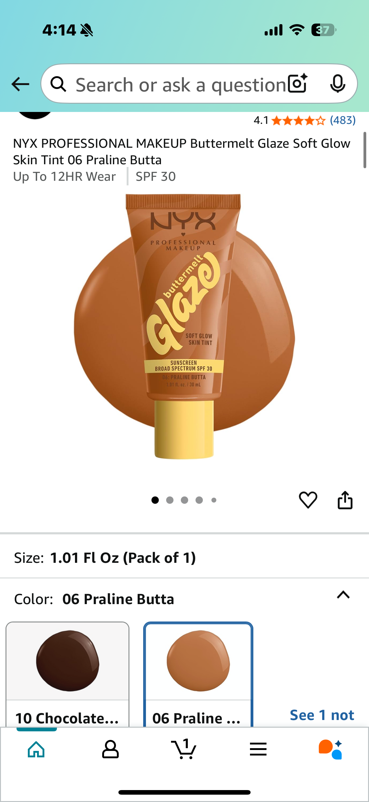 NYX PROFESSIONAL MAKEUP Buttermelt Glaze Soft Glow Skin Tint 06 Praline Butta Up To 12HR Wear SPF 30