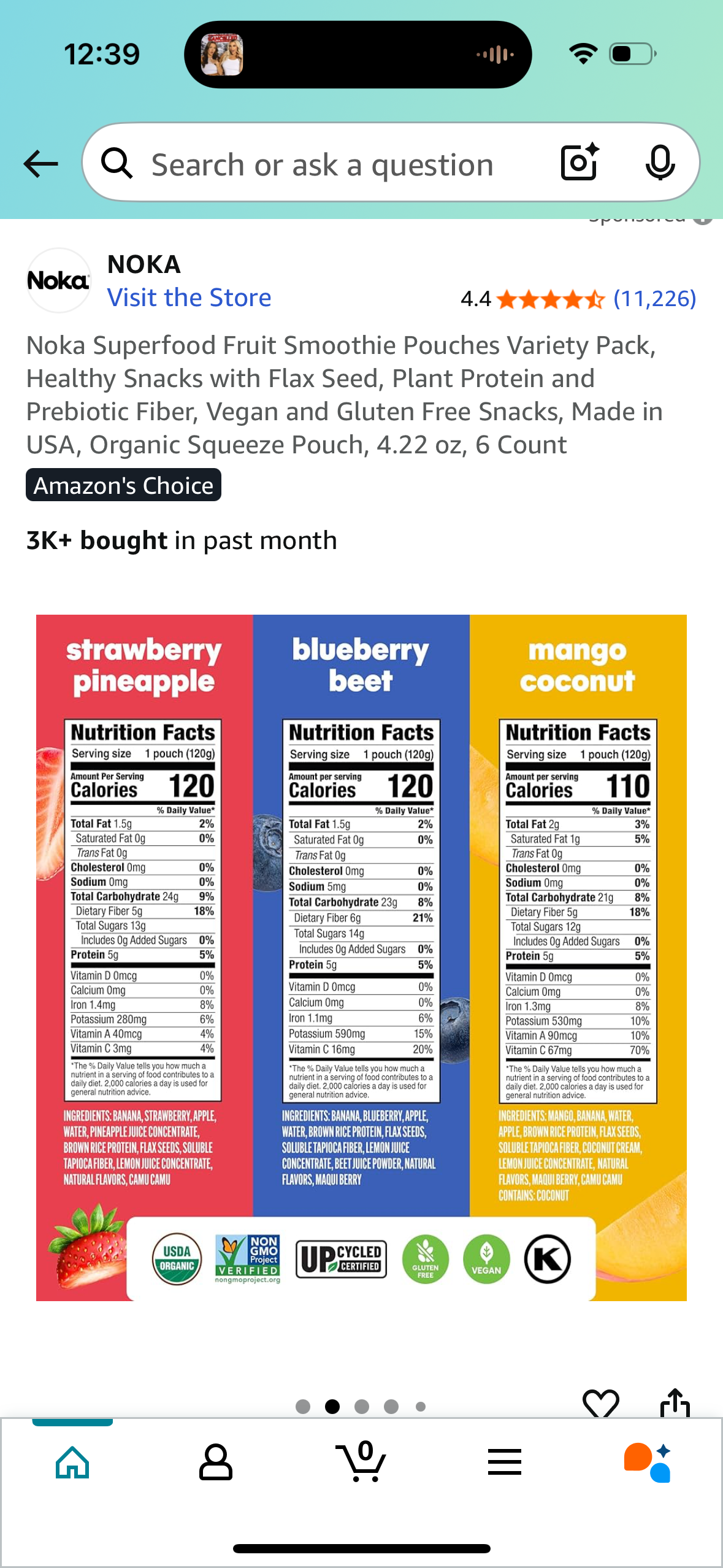 Noka Superfood Fruit Smoothie Pouches Variety Pack, Healthy Snacks with Flax Seed, Plant Protein and Prebiotic Fiber, Vegan and Gluten Free Snacks, Made in USA, Organic Squeeze Pouch, 4.22 oz, 6 Count
