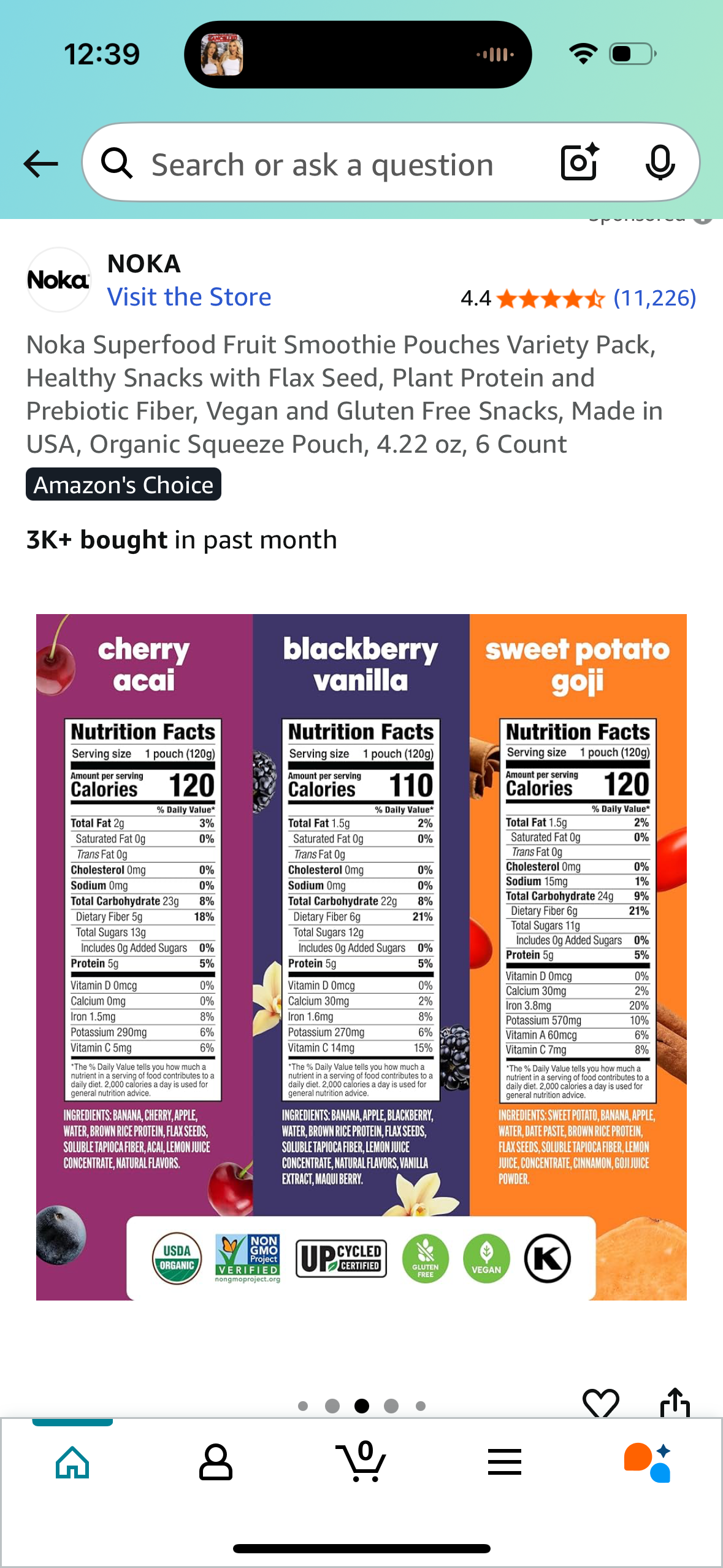 Noka Superfood Fruit Smoothie Pouches Variety Pack, Healthy Snacks with Flax Seed, Plant Protein and Prebiotic Fiber, Vegan and Gluten Free Snacks, Made in USA, Organic Squeeze Pouch, 4.22 oz, 6 Count