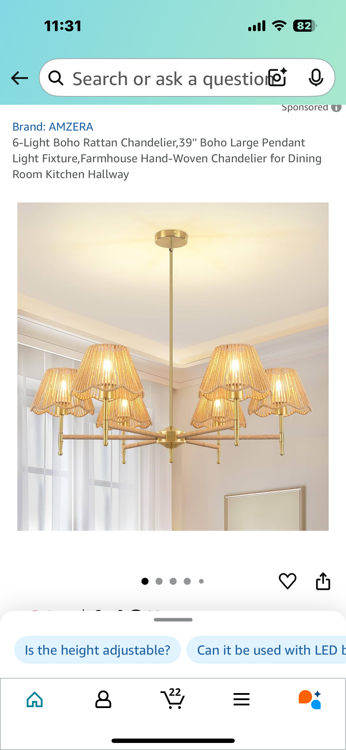 New - 6-Light Boho Rattan Chandelier, 39'' Boho Large Pendant Light Fixture, Farmhouse Hand-Woven Chandelier (L887)