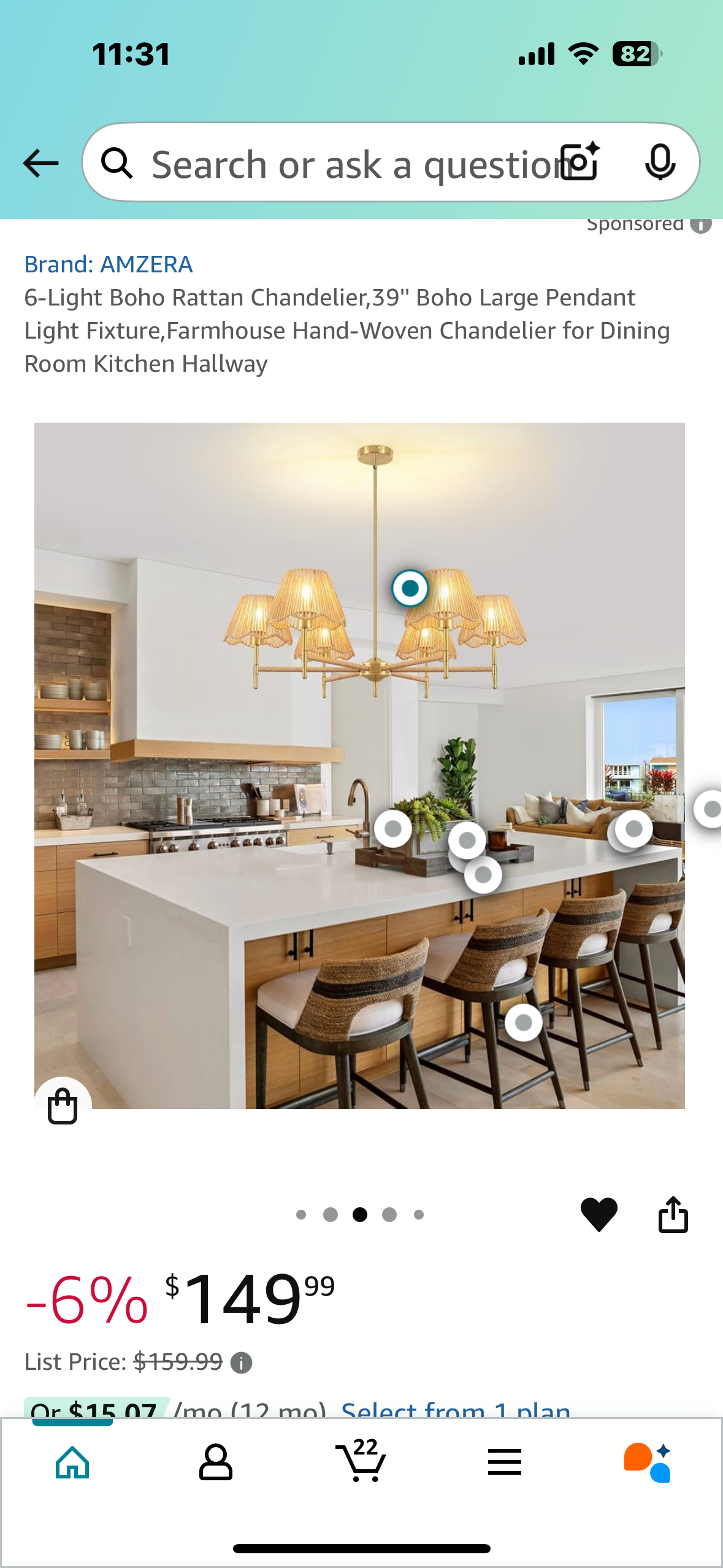 New - 6-Light Boho Rattan Chandelier, 39'' Boho Large Pendant Light Fixture, Farmhouse Hand-Woven Chandelier (L887)