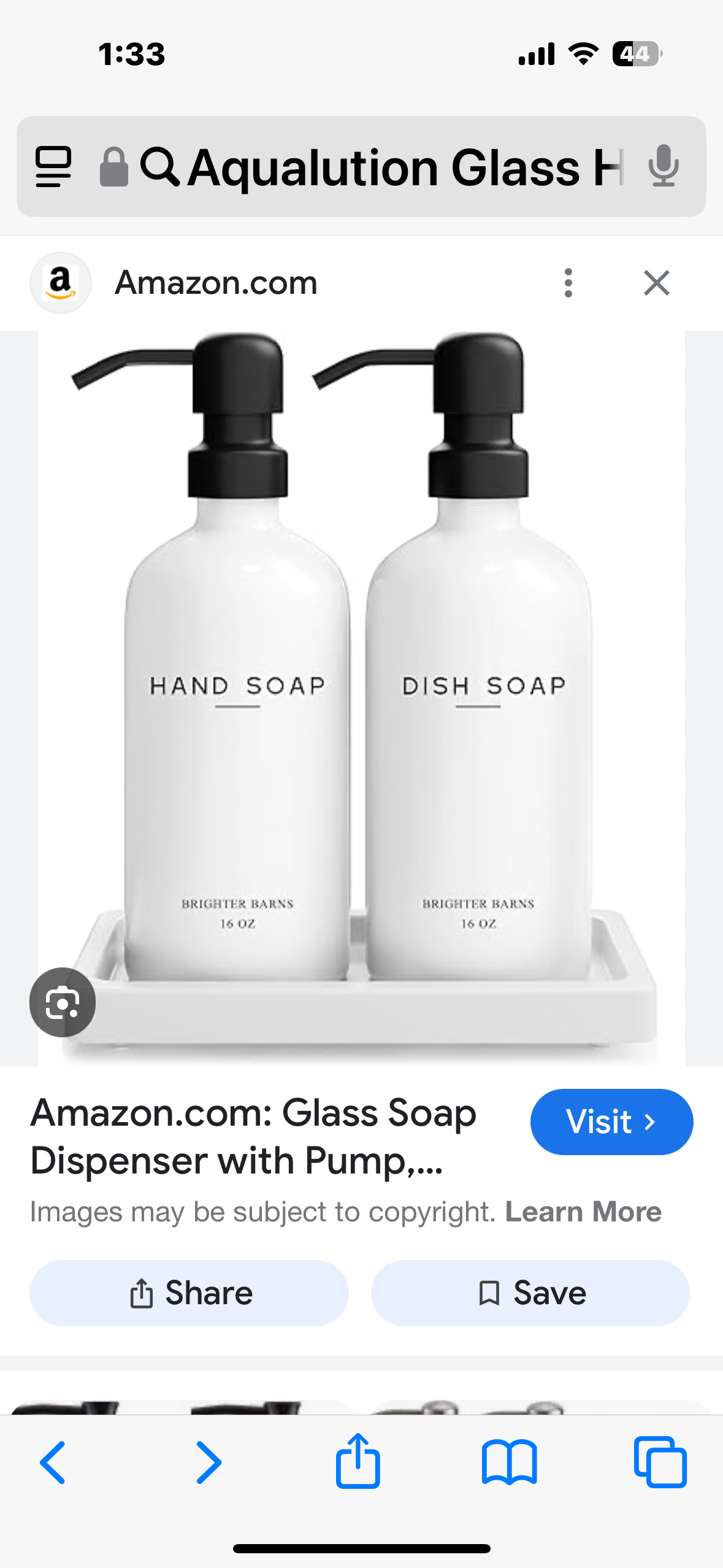 Aqualution Glass Hand and Dish Soap Dispenser Set with 2 Trays - Kitchen or Bathroom Soap Dispensers with Pumps, Hand Soap, Dish Soap, Lotion - Elegant White & Black Design