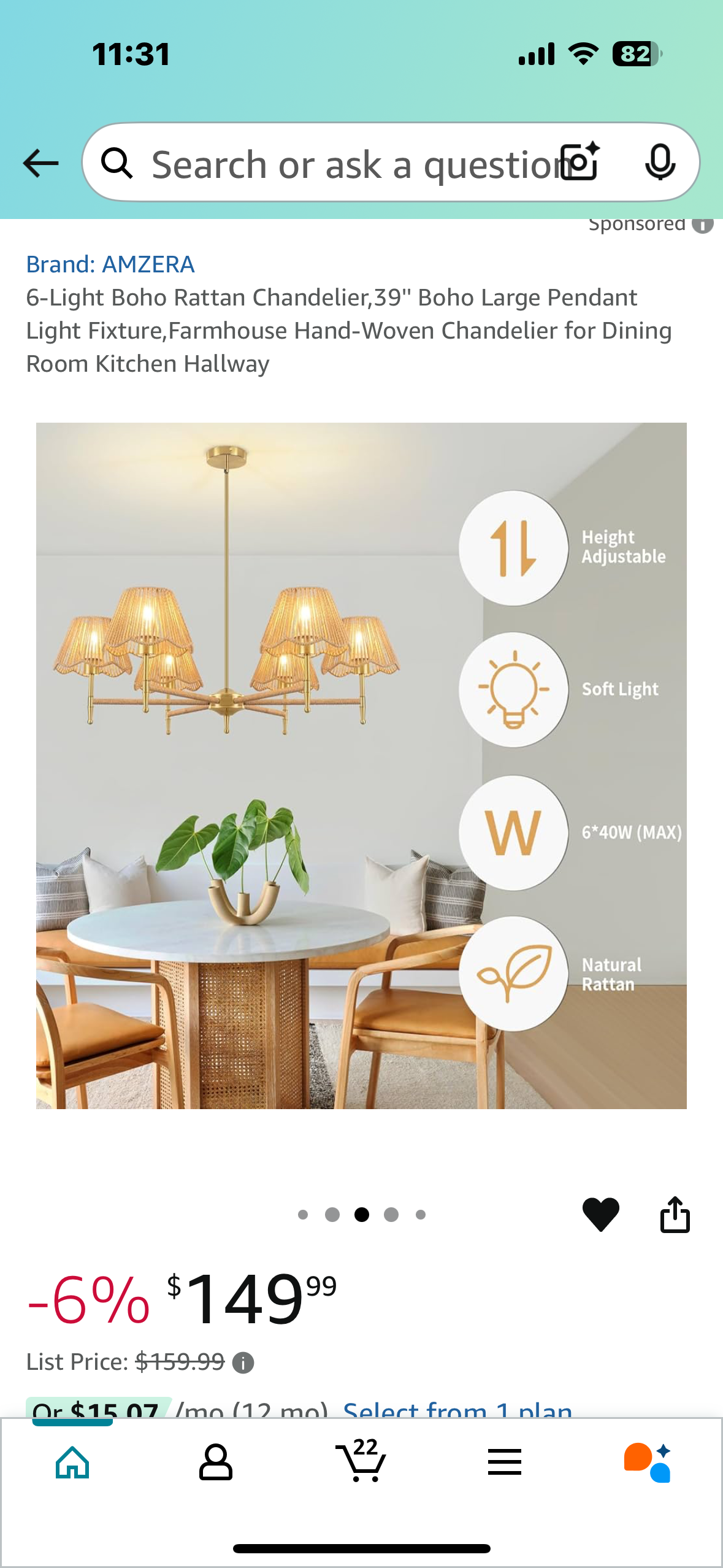 New - 6-Light Boho Rattan Chandelier, 39'' Boho Large Pendant Light Fixture, Farmhouse Hand-Woven Chandelier (L887)