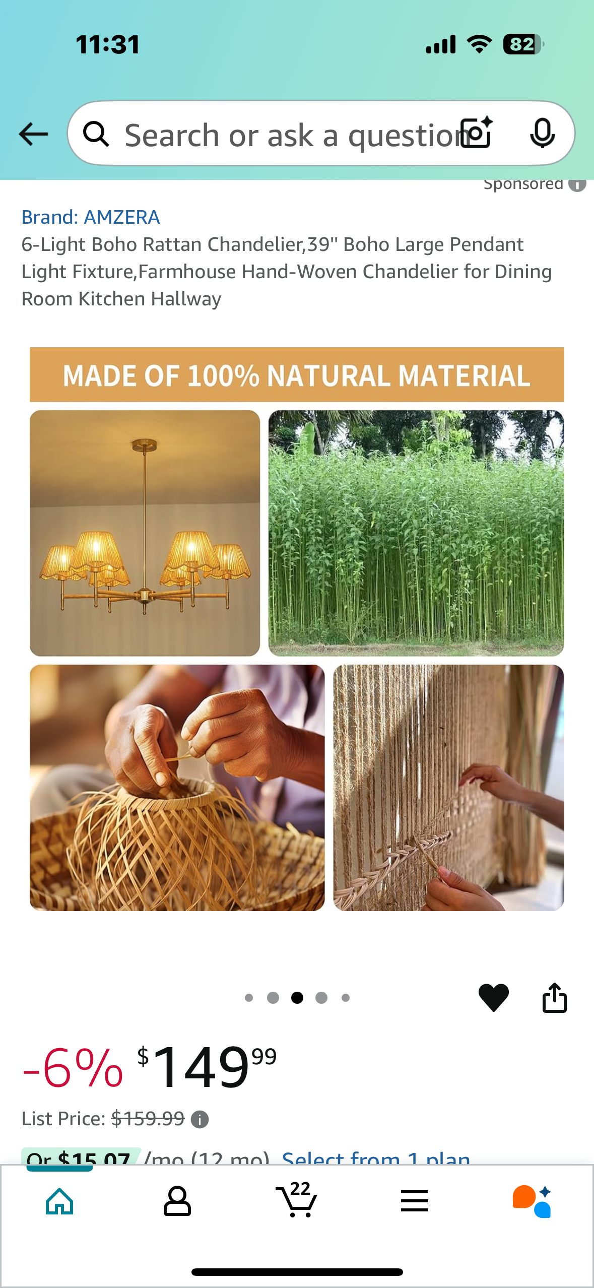 New - 6-Light Boho Rattan Chandelier, 39'' Boho Large Pendant Light Fixture, Farmhouse Hand-Woven Chandelier (L887)