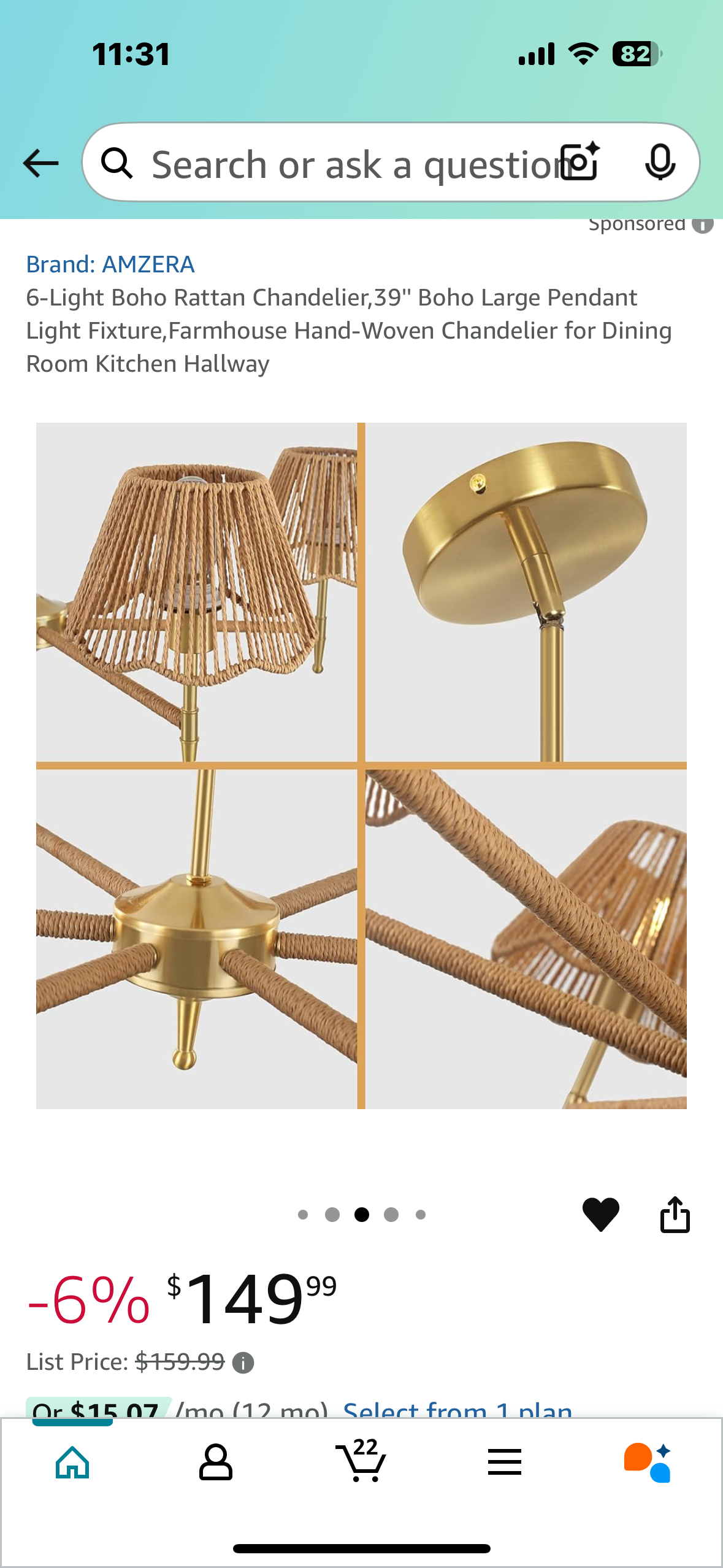 New - 6-Light Boho Rattan Chandelier, 39'' Boho Large Pendant Light Fixture, Farmhouse Hand-Woven Chandelier (L887)