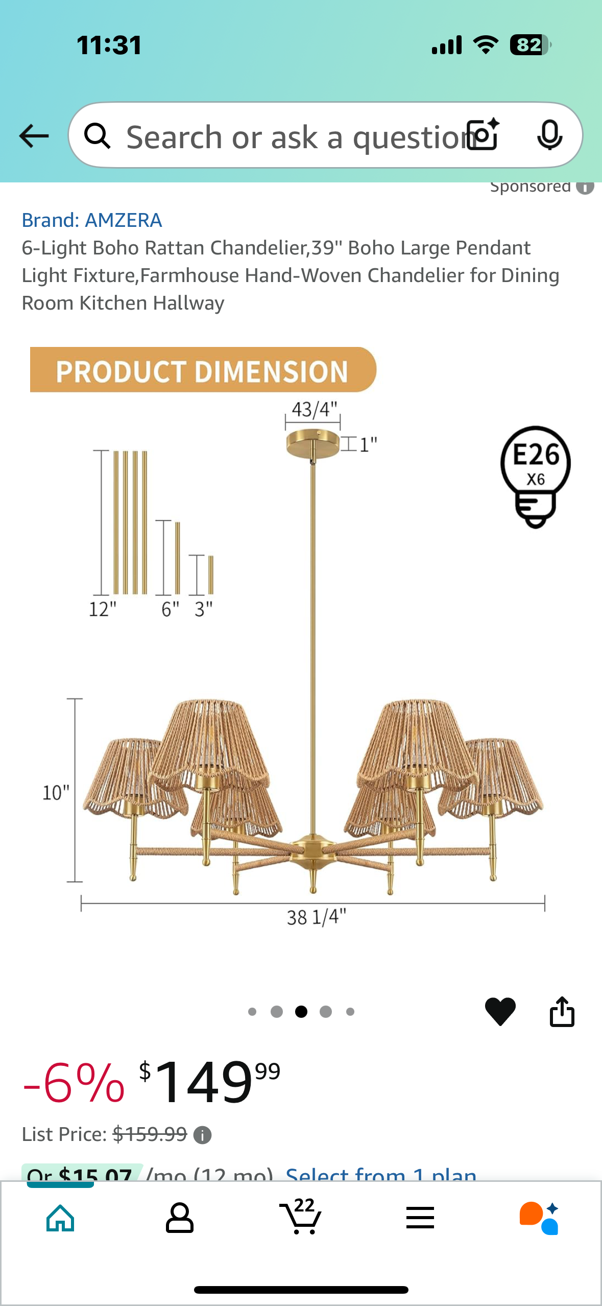 New - 6-Light Boho Rattan Chandelier, 39'' Boho Large Pendant Light Fixture, Farmhouse Hand-Woven Chandelier (L887)