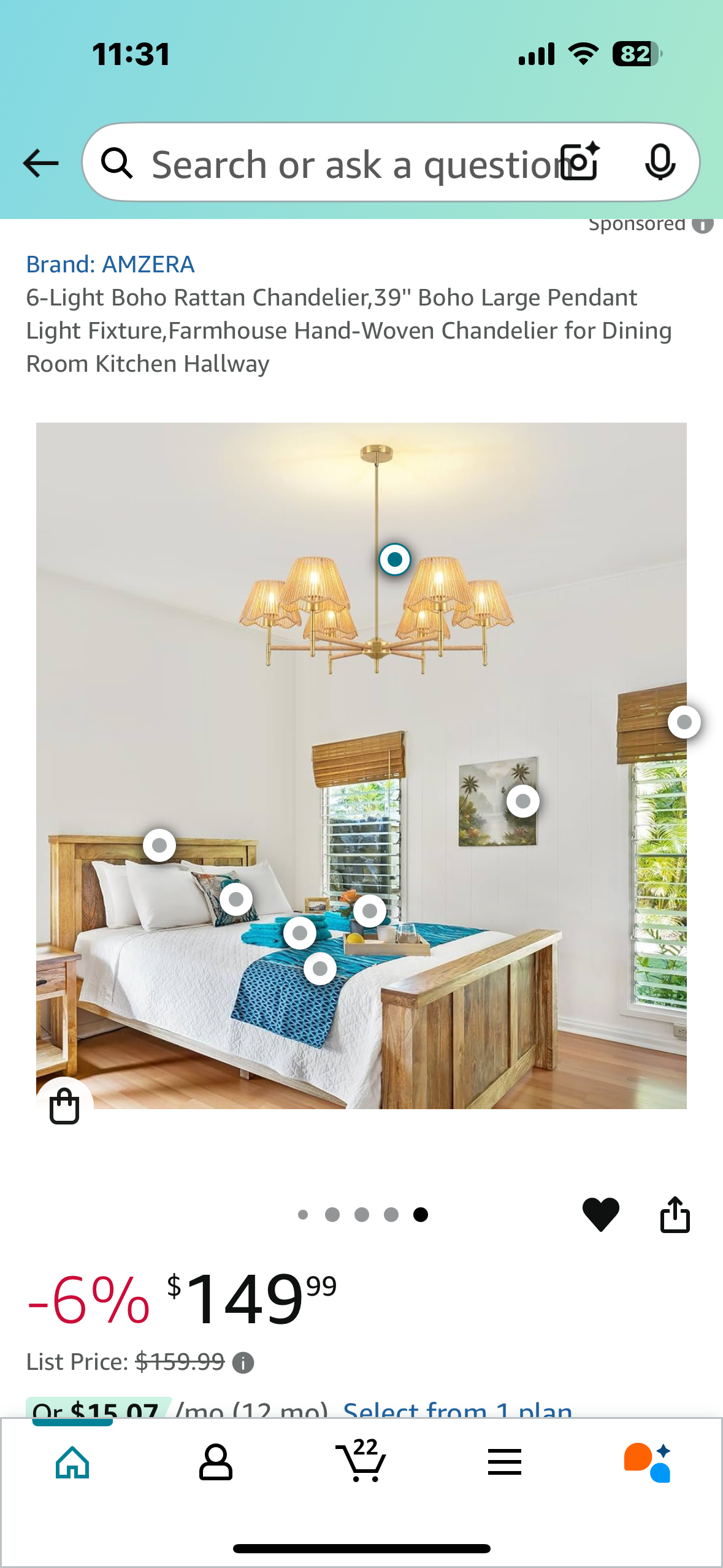 New - 6-Light Boho Rattan Chandelier, 39'' Boho Large Pendant Light Fixture, Farmhouse Hand-Woven Chandelier (L887)