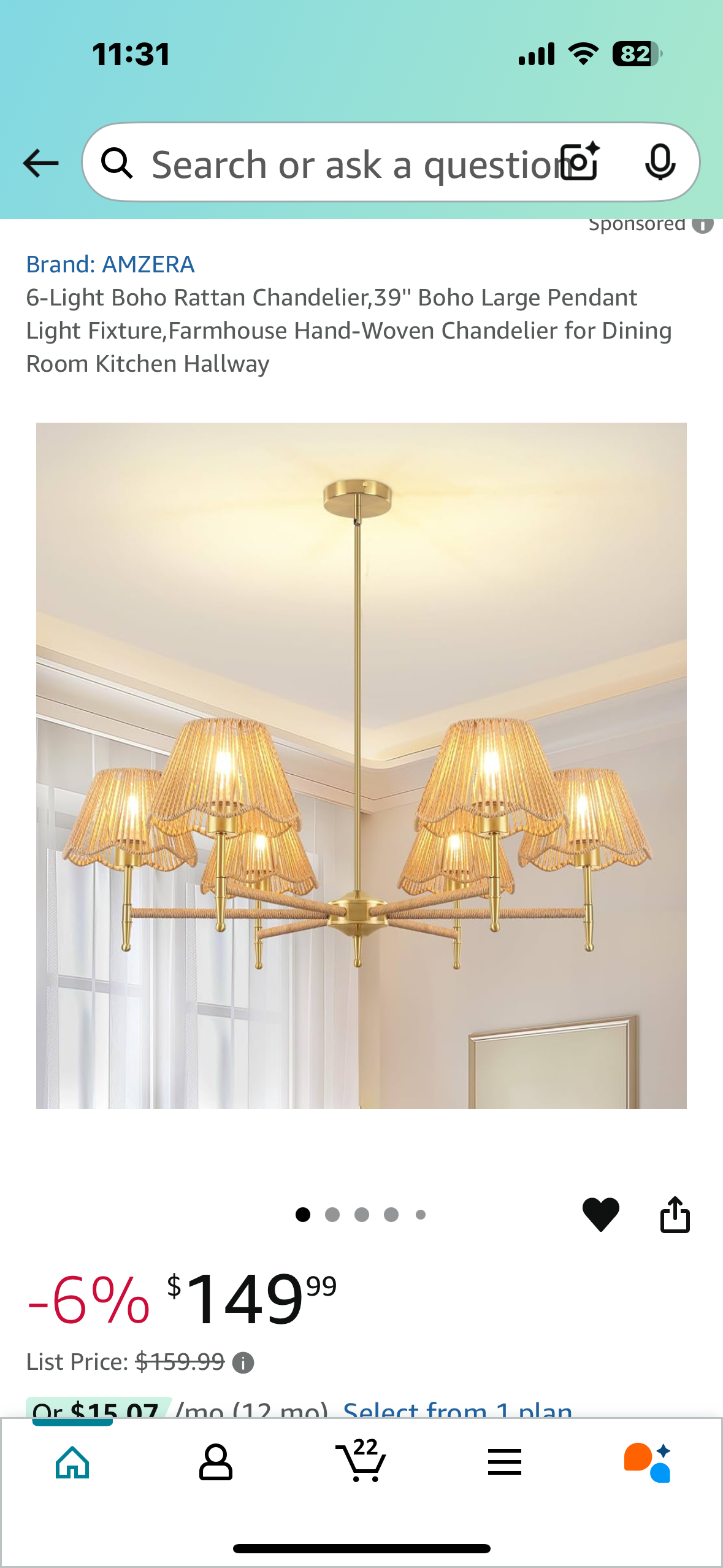 New - 6-Light Boho Rattan Chandelier, 39'' Boho Large Pendant Light Fixture, Farmhouse Hand-Woven Chandelier (L887)