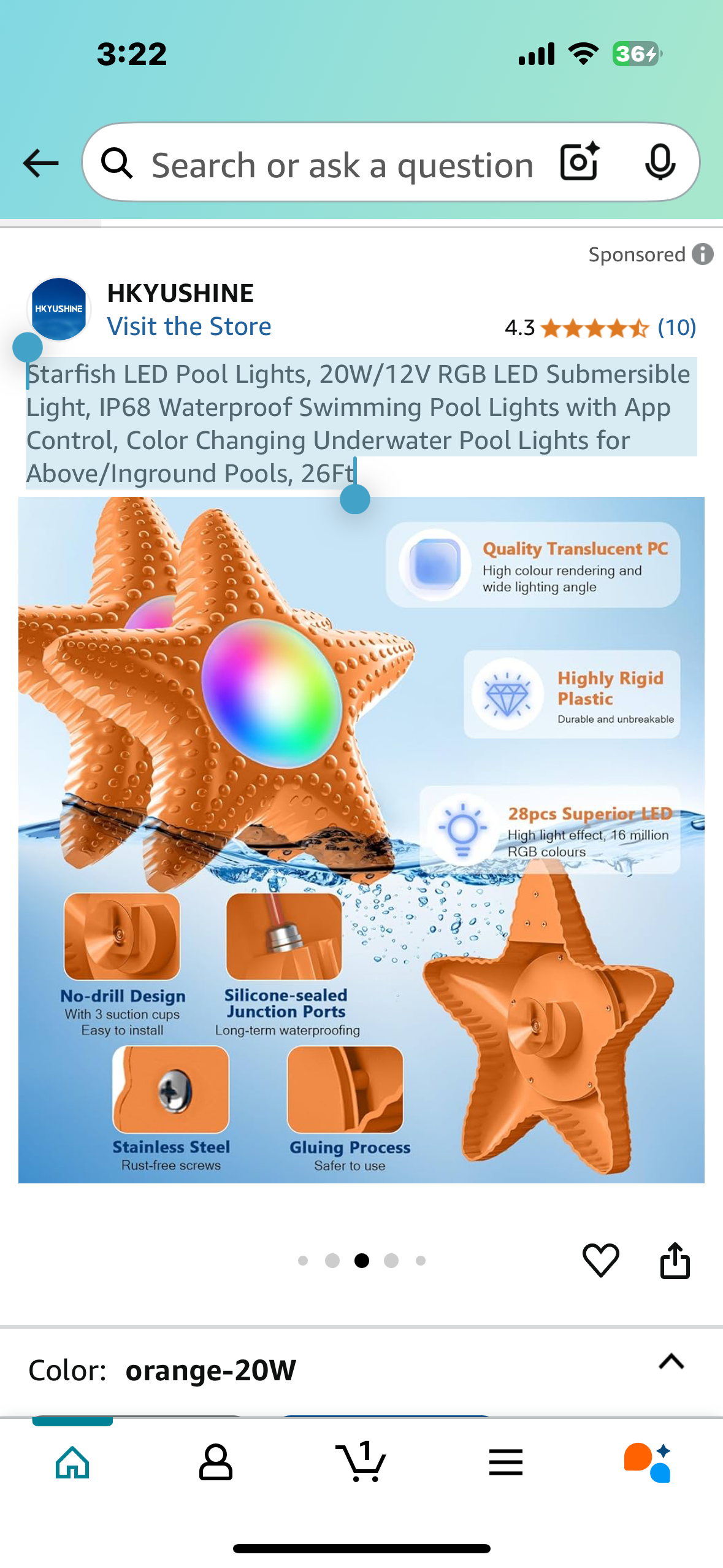 Starfish LED Pool Lights, 20W/12V RGB LED Submersible Light, IP68 Waterproof Swimming Pool Lights with App Control, Color Changing Underwater Pool Lights for Above/Inground Pools, 26Ft