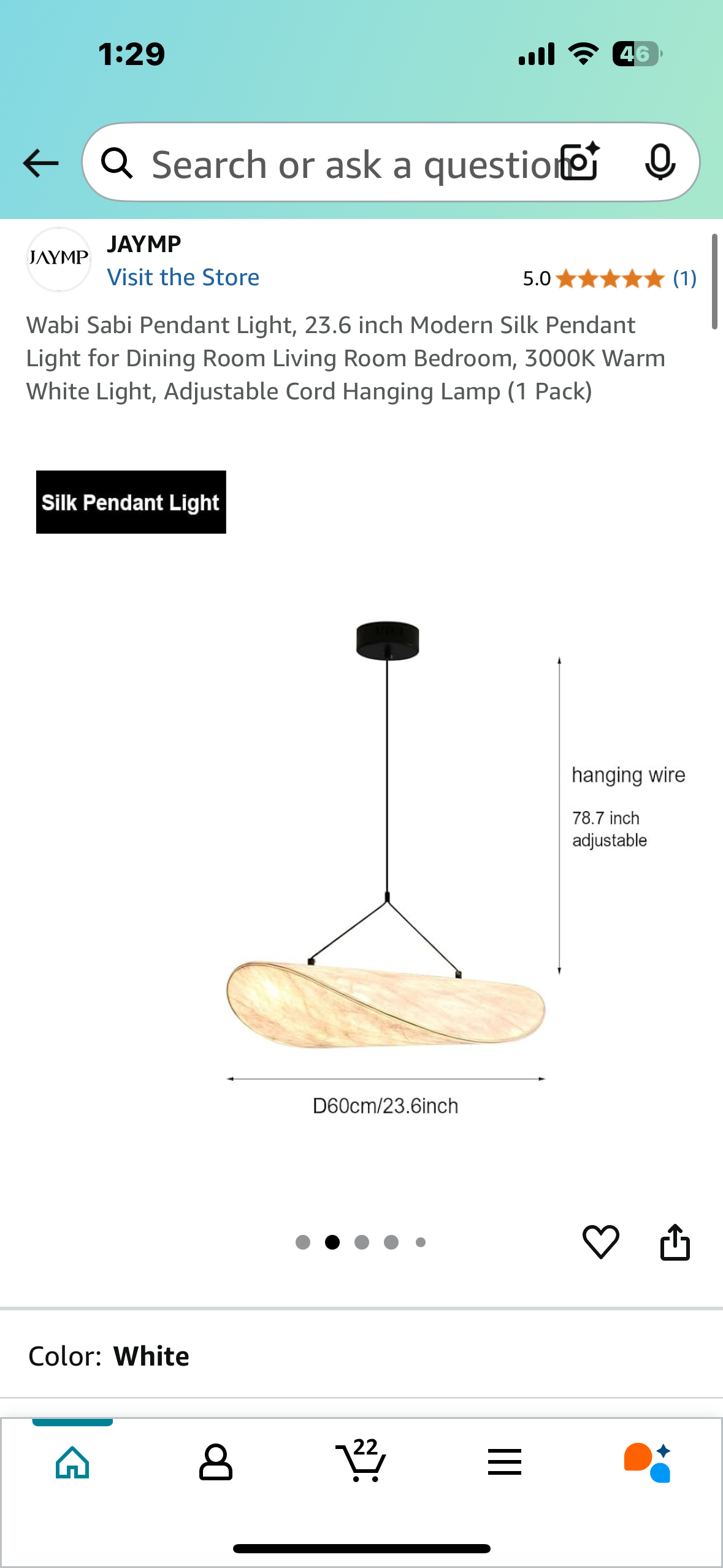 New - Wabi Sabi Pendant Light, 23.6” Modern Silk Pendant Light for Dining Room, Living Room Bedroom, 3000K Warm White Light, (1 Pack) (L893)
