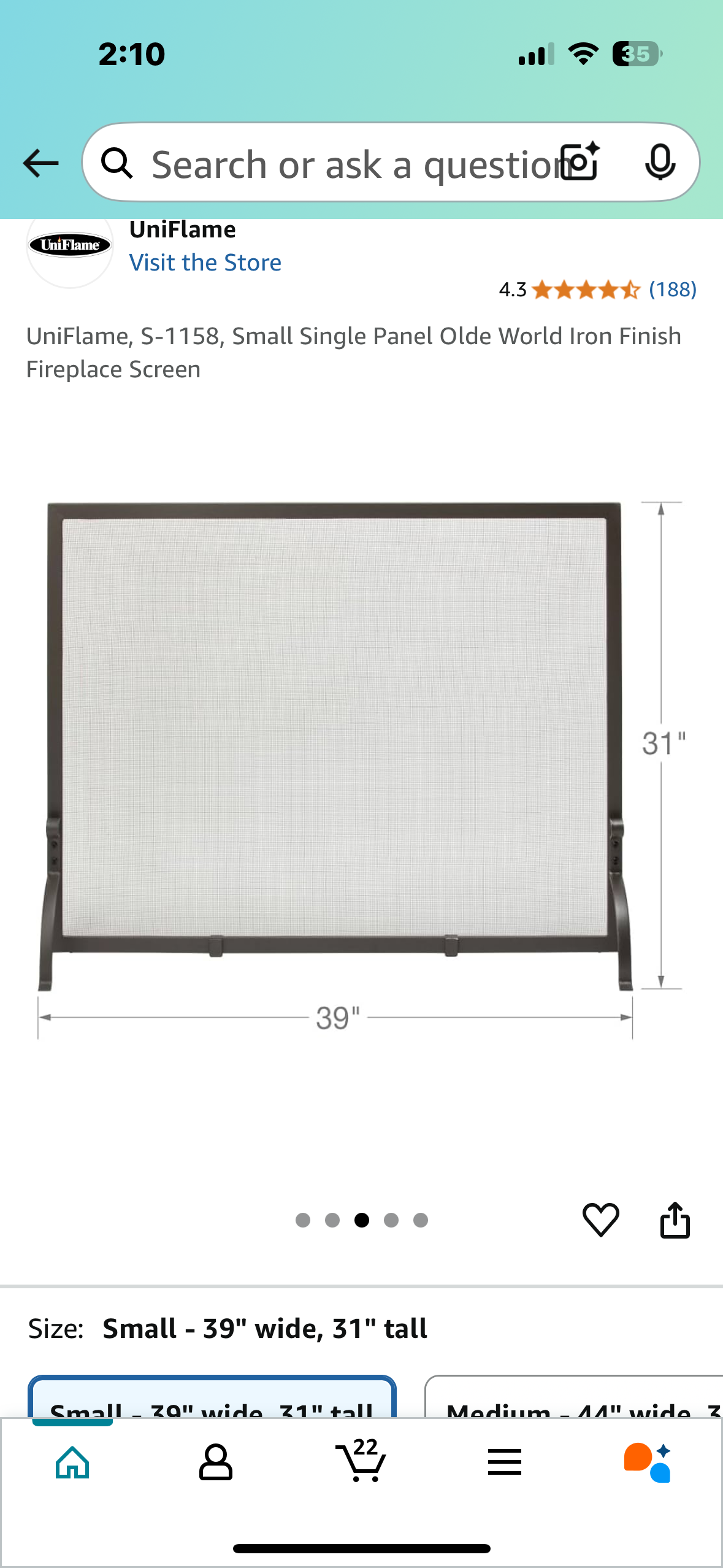New - UniFlame, Small Single Panel Olde World Iron Finish Fireplace Screen S-1158, (L894)