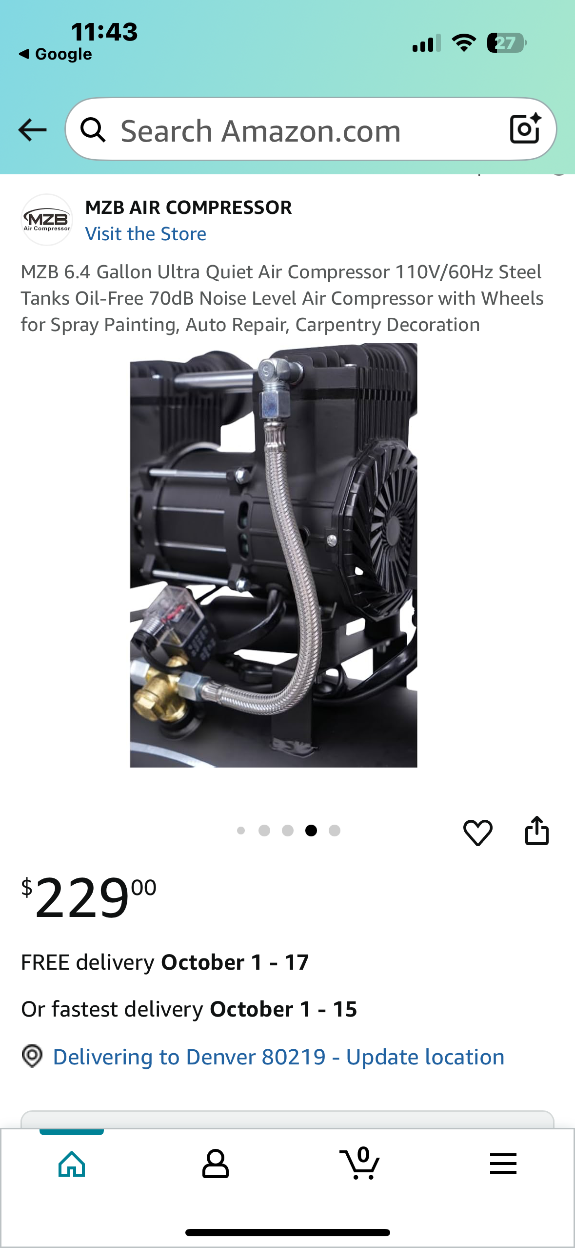 MZB 6.4 Gallon Ultra Quiet Air Compressor 110V/60Hz Steel Tanks Oil-Free 70dB Noise Level Air Compressor with Wheels for Spray Painting, Auto Repair, Carpentry(G847)