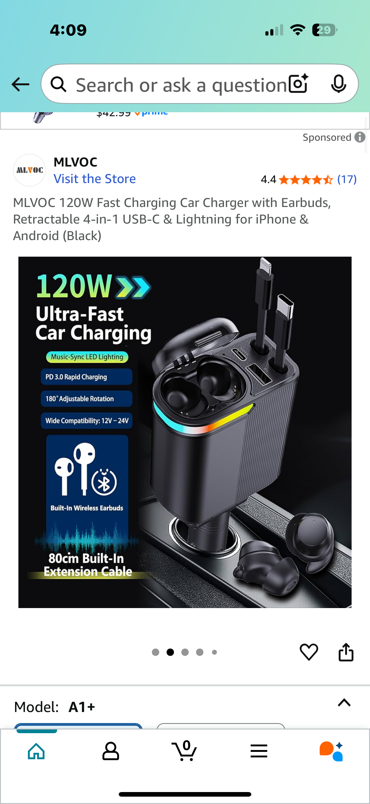MLVOC 120W Fast Charging Car Charger with Earbuds, Retractable 4-in-1 USB-C & Lightning for iPhone & Android (Black)