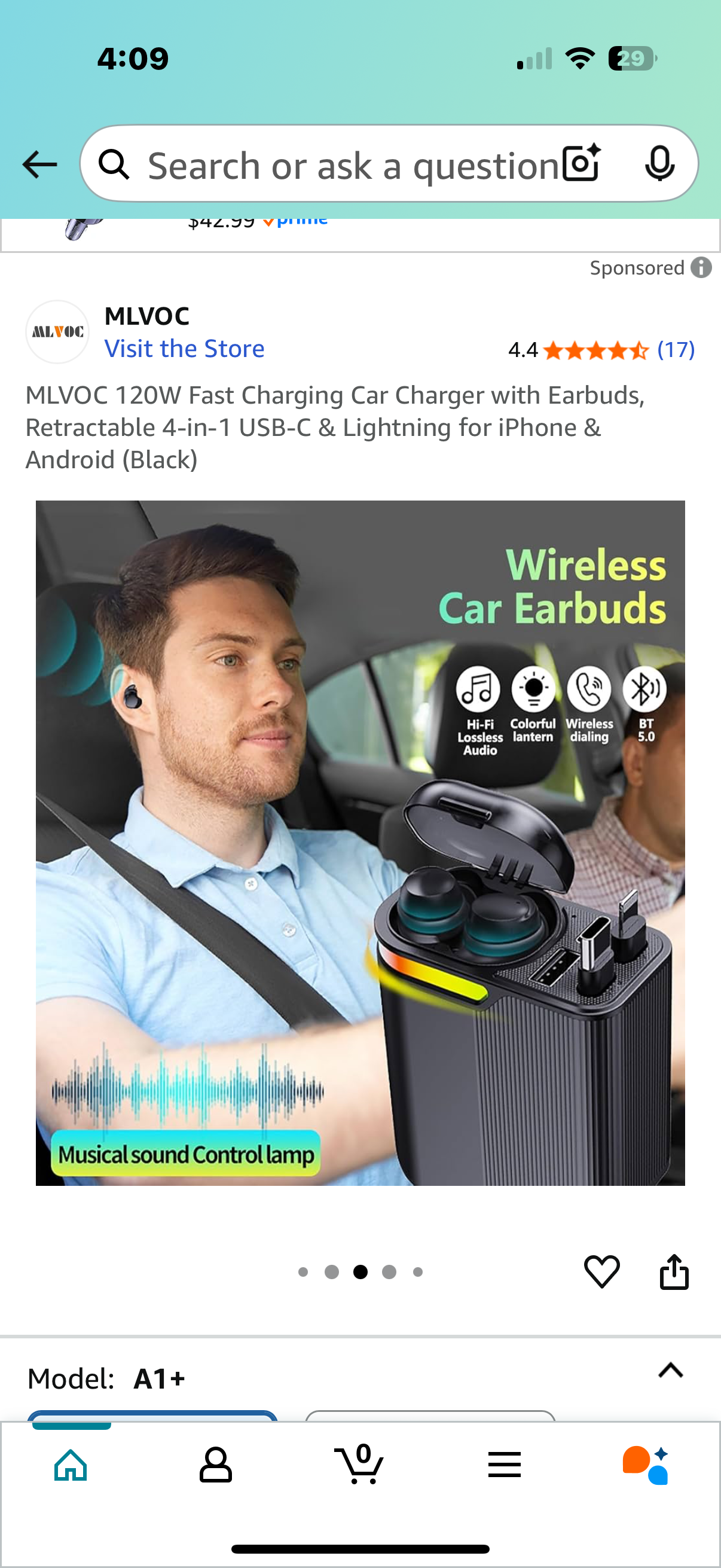 MLVOC 120W Fast Charging Car Charger with Earbuds, Retractable 4-in-1 USB-C & Lightning for iPhone & Android (Black)
