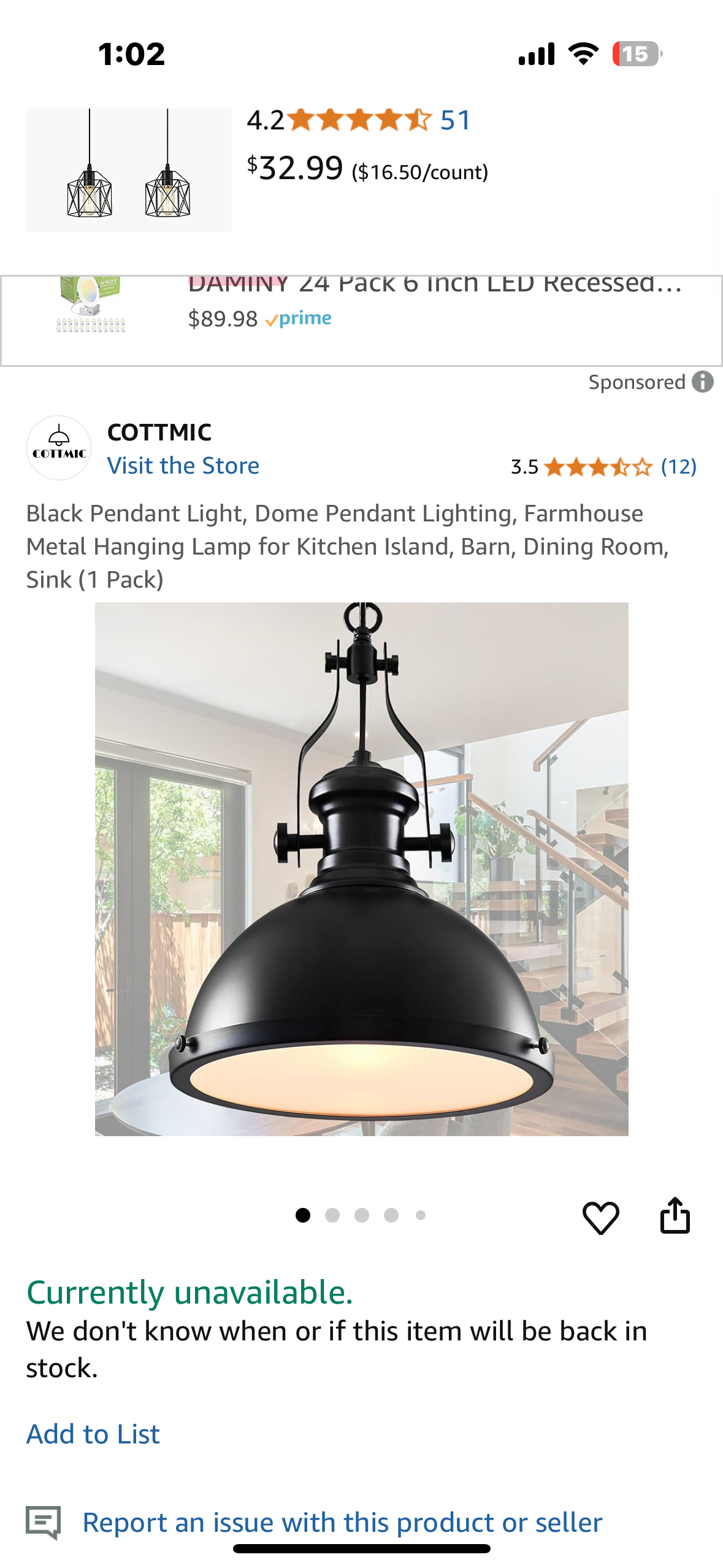 New - Black Dome Pendant Light, Farmhouse Metal Hanging Lamp for Kitchen Island, Barn, Dining Room, (1 Pack) (L902)