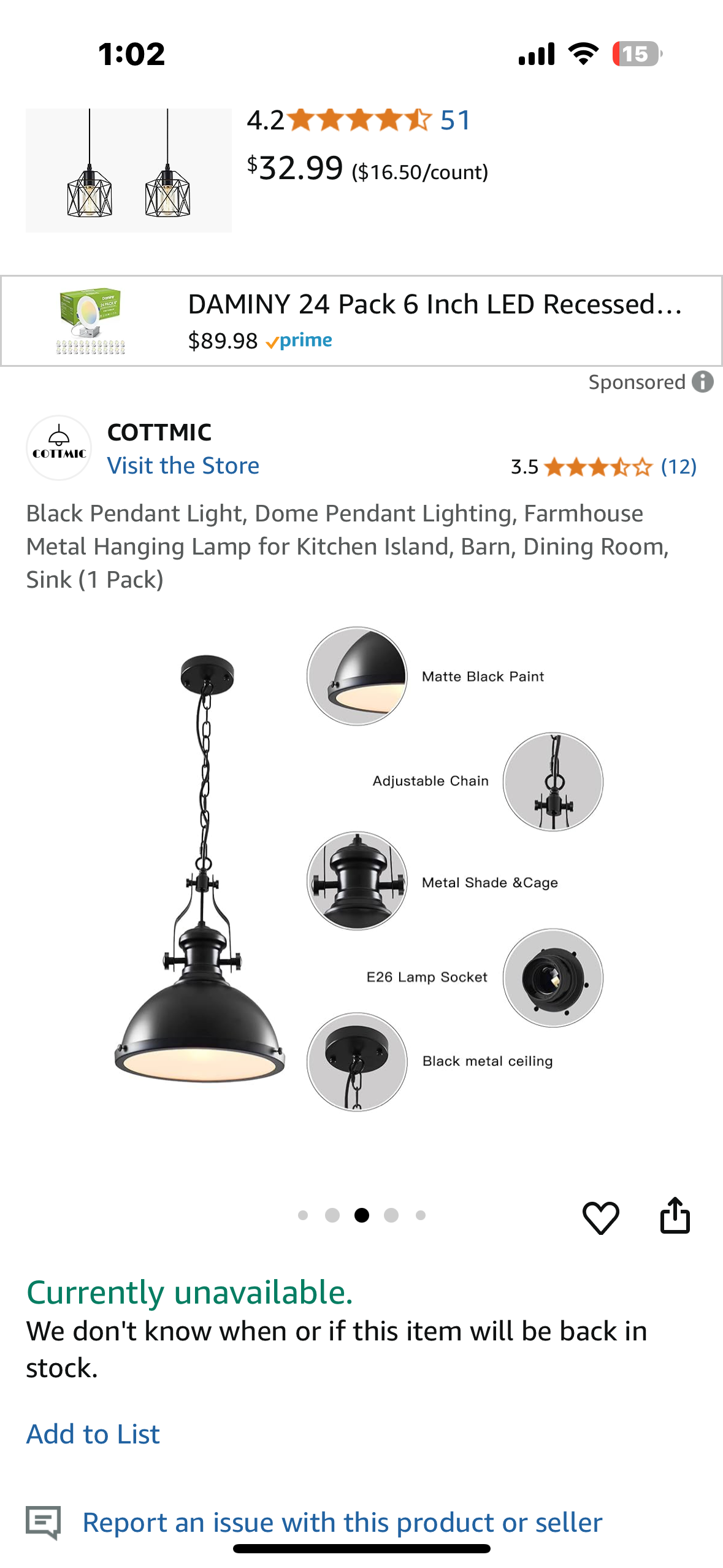 New - Black Dome Pendant Light, Farmhouse Metal Hanging Lamp for Kitchen Island, Barn, Dining Room, (1 Pack) (L902)