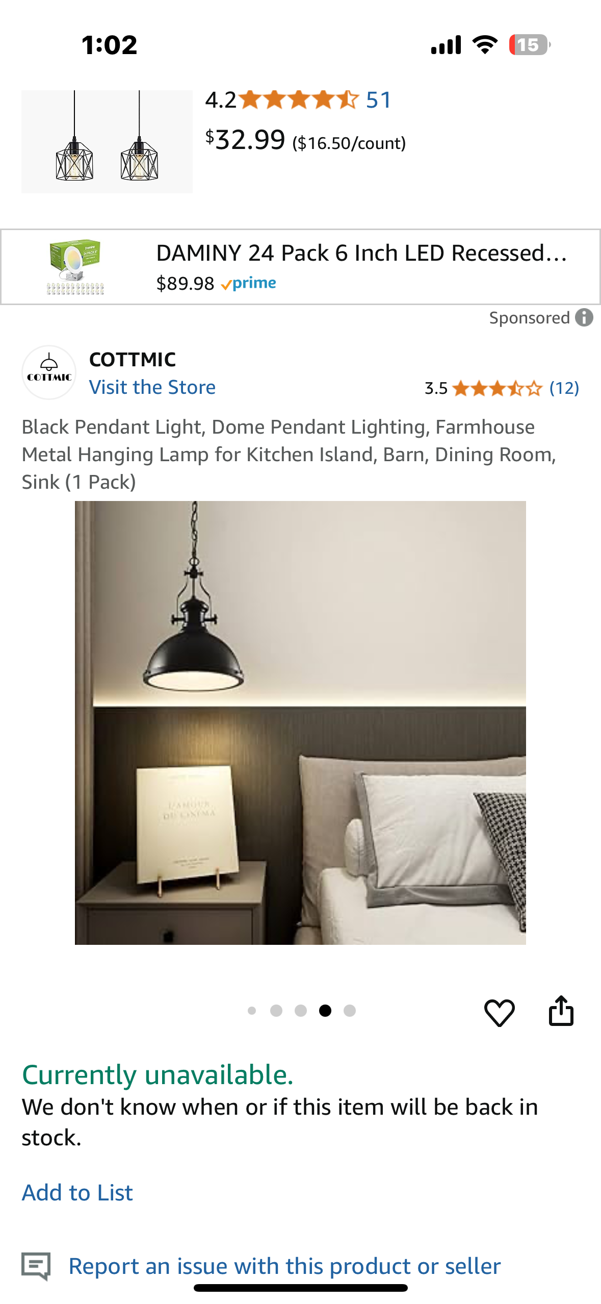 New - Black Dome Pendant Light, Farmhouse Metal Hanging Lamp for Kitchen Island, Barn, Dining Room, (1 Pack) (L902)
